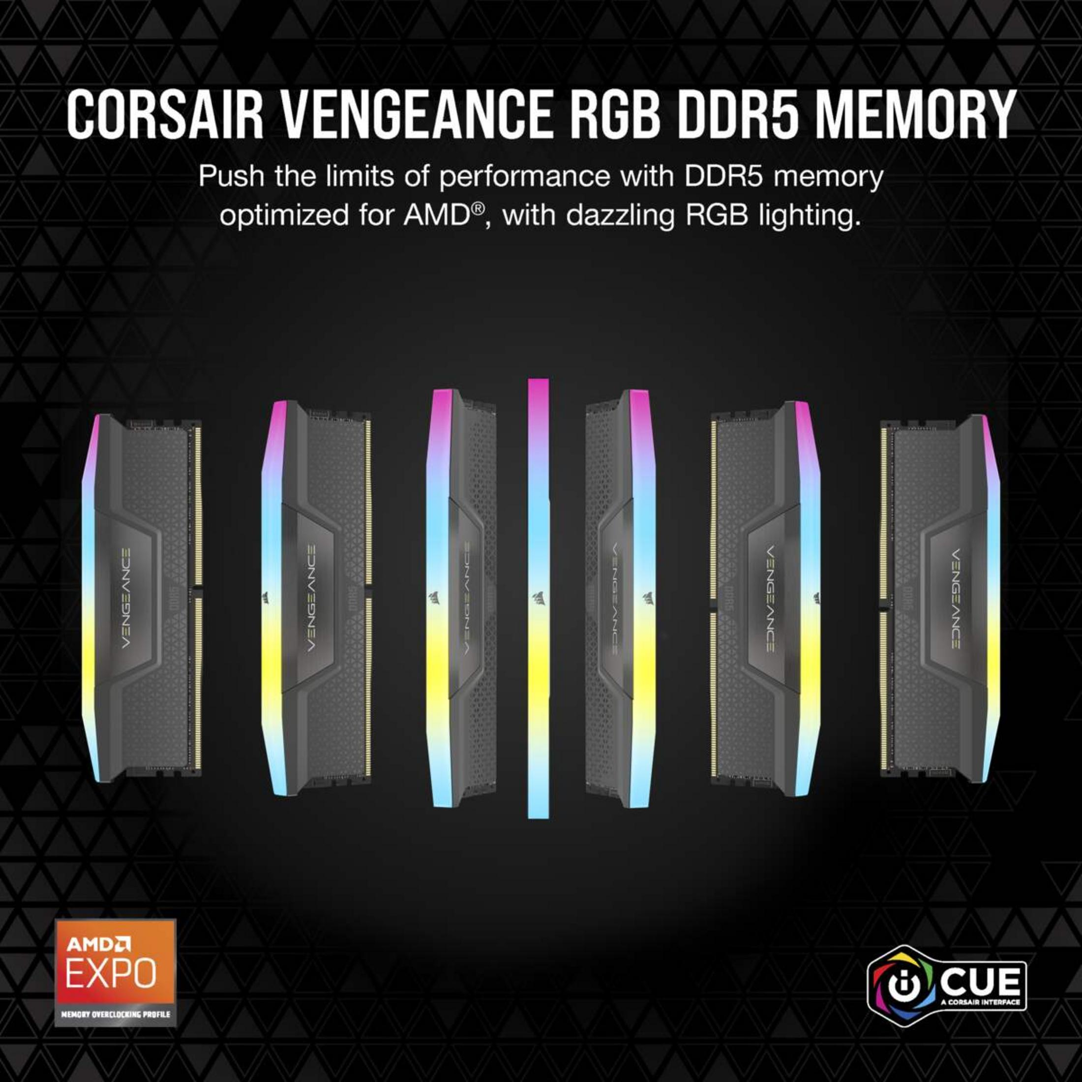Sześć modułów RAM Corsair Vengeance RGB DDR5 z kolorowymi światłami na czarnym tle.