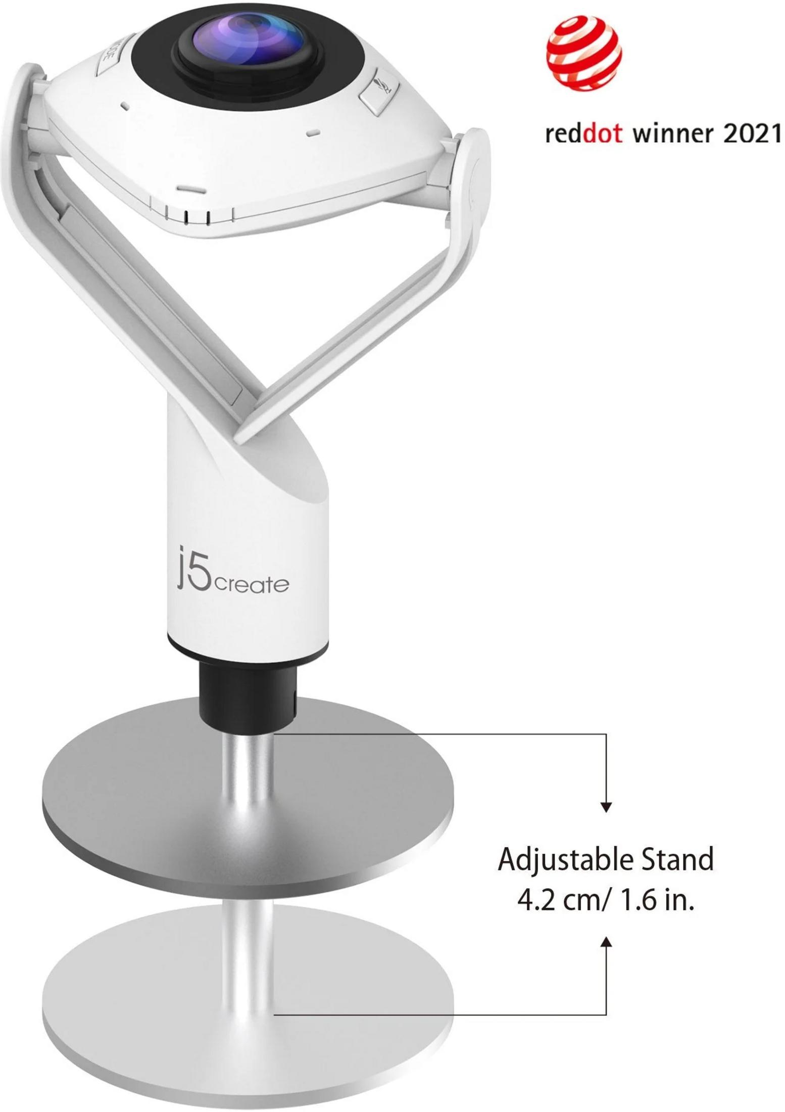 Biała kamera 360 na regulowanym stojaku z logo Red dot.