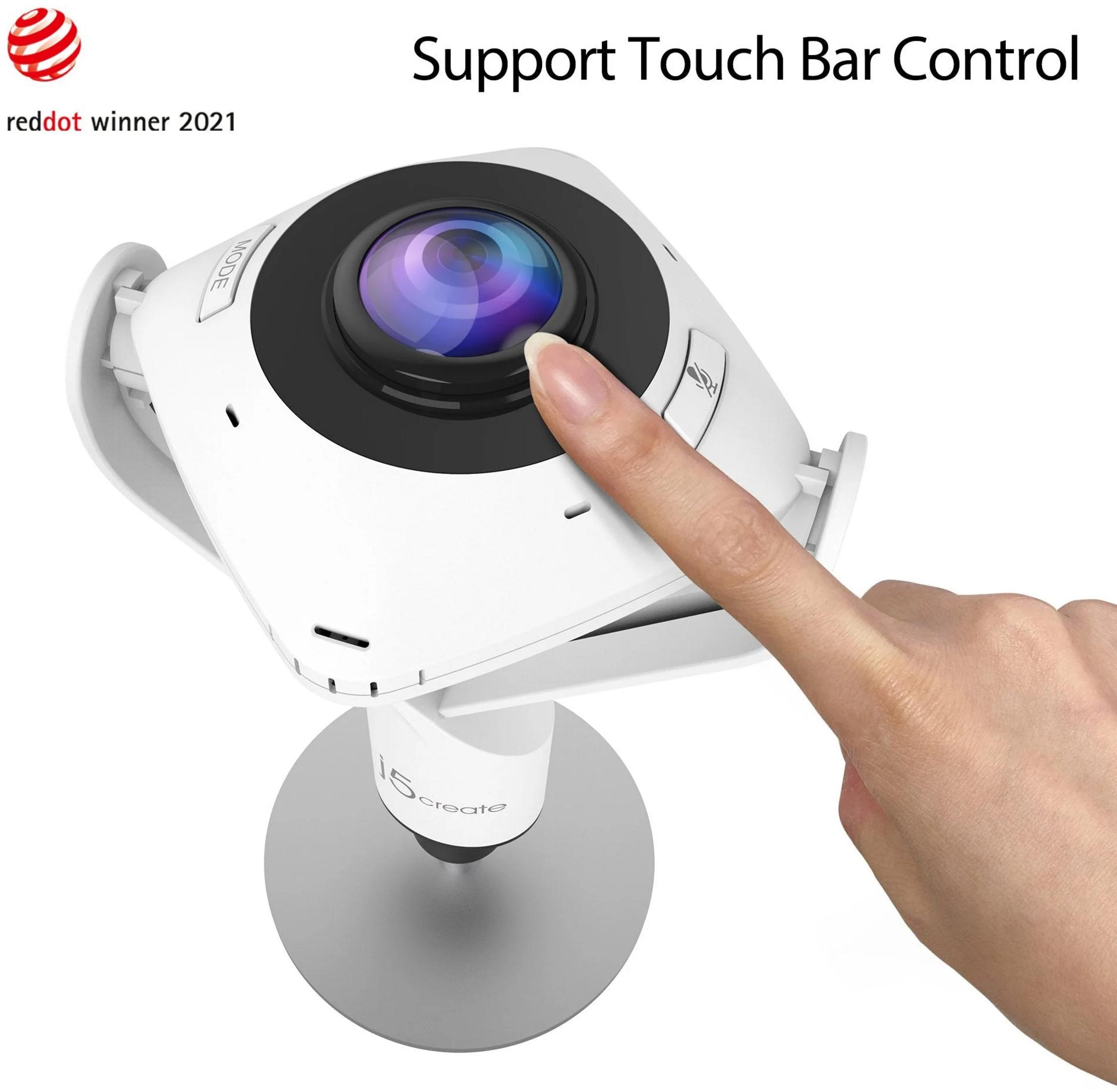 Ręka dotyka paska dotykowego białej kamery z pieczęcią Red Dot.