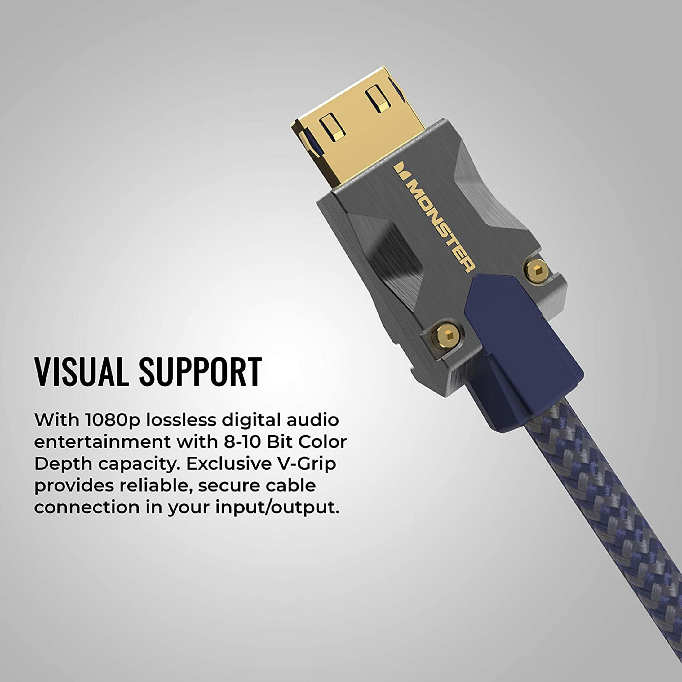 Un conector HDMI Monster con contactos dorados y carcasa gris.
