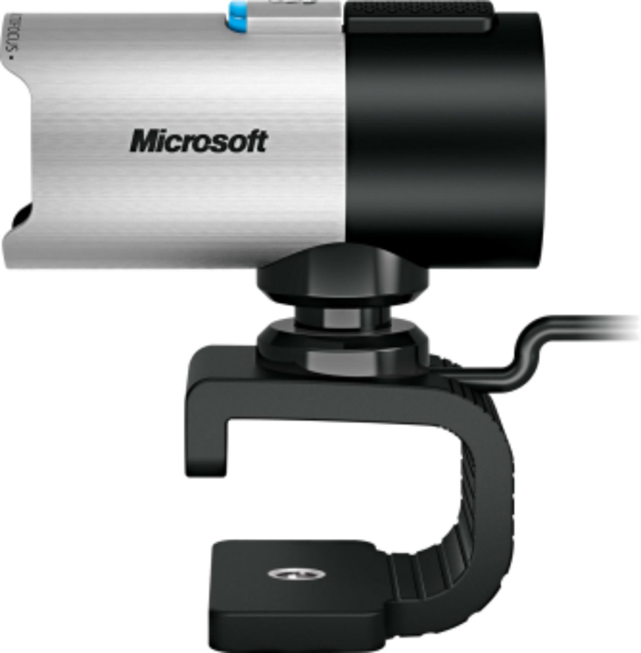 Srebrna i czarna kamera internetowa Microsoft z mocowaniem i kablem.