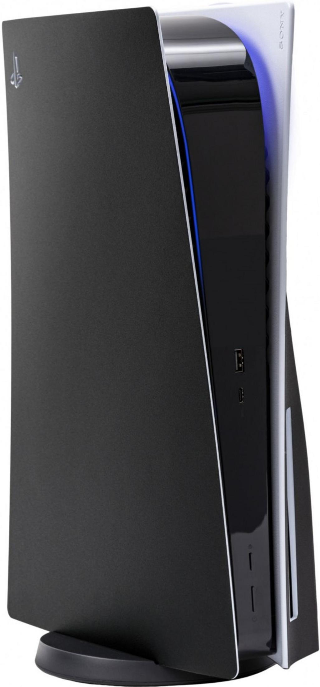 Schwarze Konsole mit blauem Lichtstreifen und Sony-Logo.