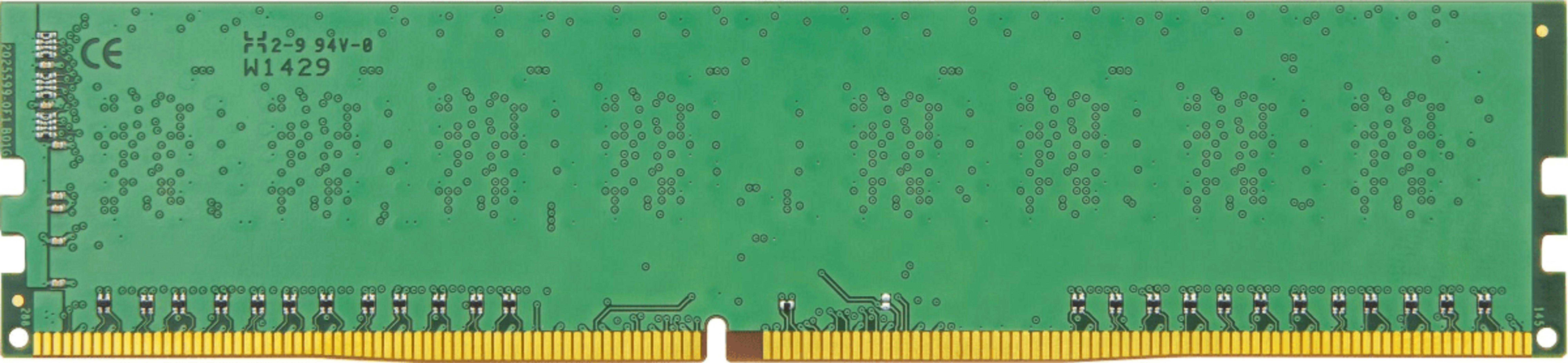 Zielony moduł RAM komputera ze złotymi stykami i czarnymi chipami.