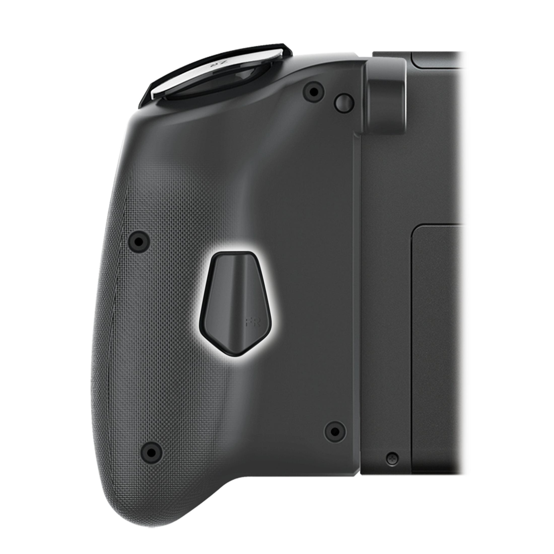 Schwarzer Gamecontroller-Griff mit Muster und beleuchtetem Knopf.