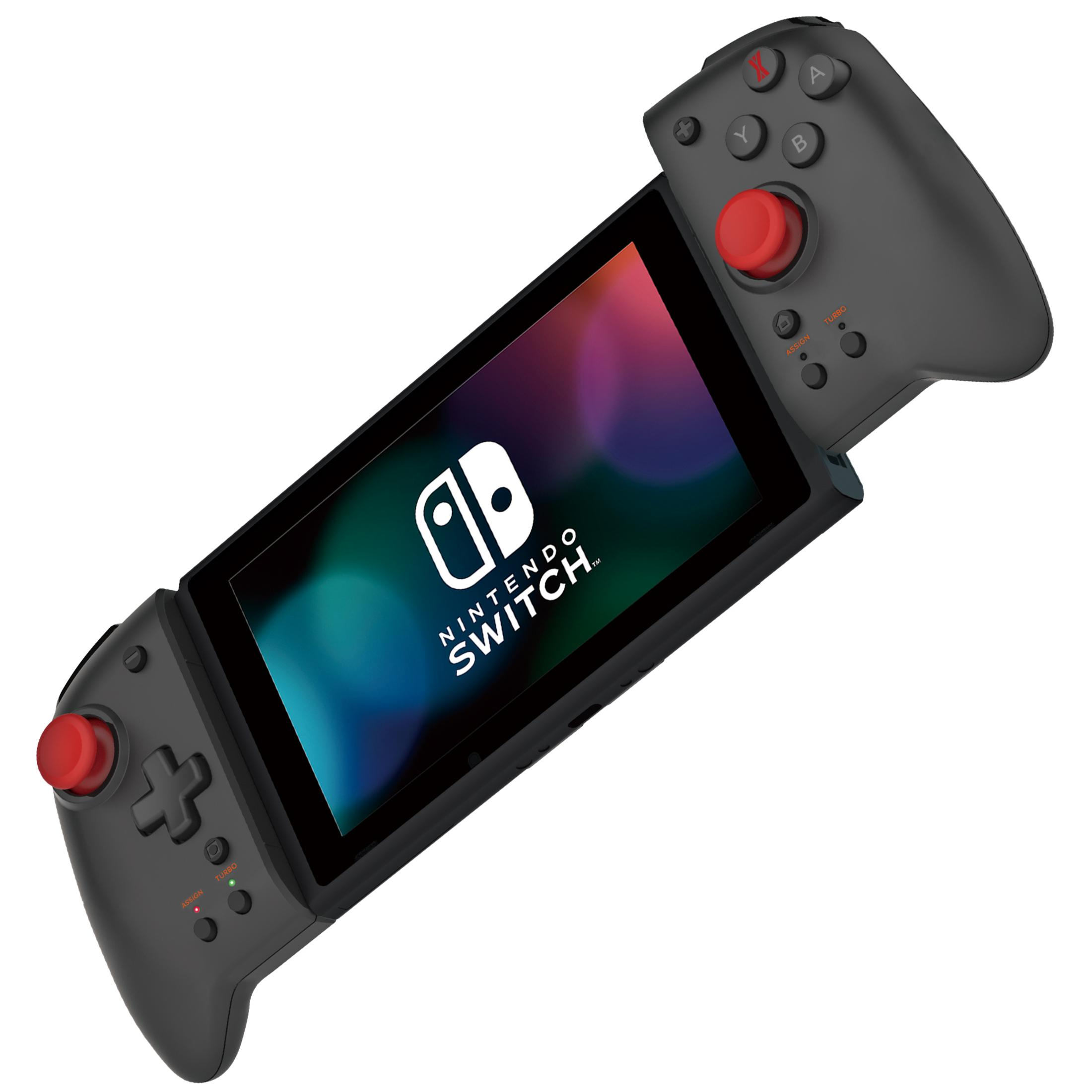 Grauer Nintendo Switch mit Controller-Aufsätzen und leuchtendem Bildschirm.