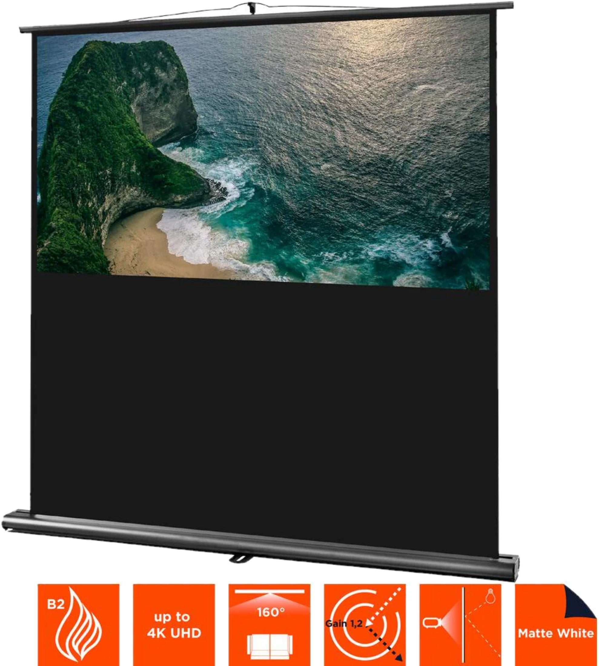 Leinwand mit Bild einer grünen Insel und türkisfarbenem Wasser. Unten Icons für Features.