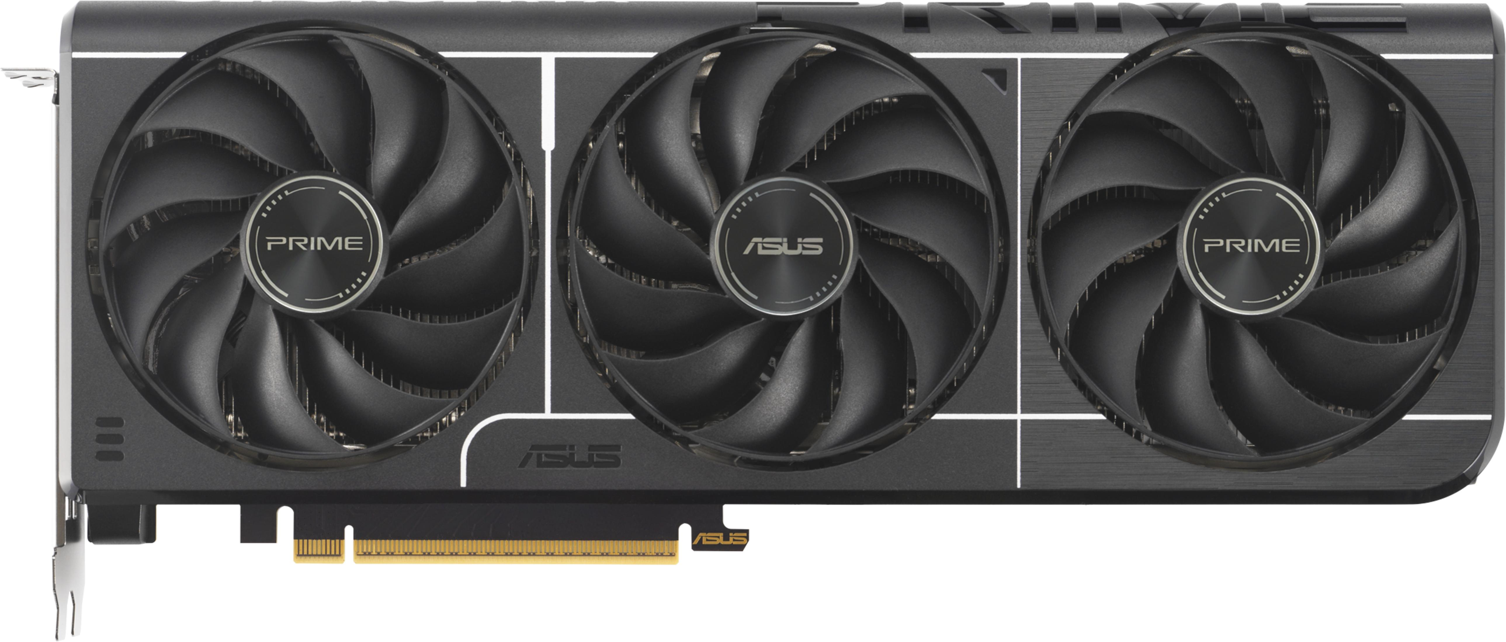 Tarjeta gráfica negra con tres ventiladores y logo ASUS.