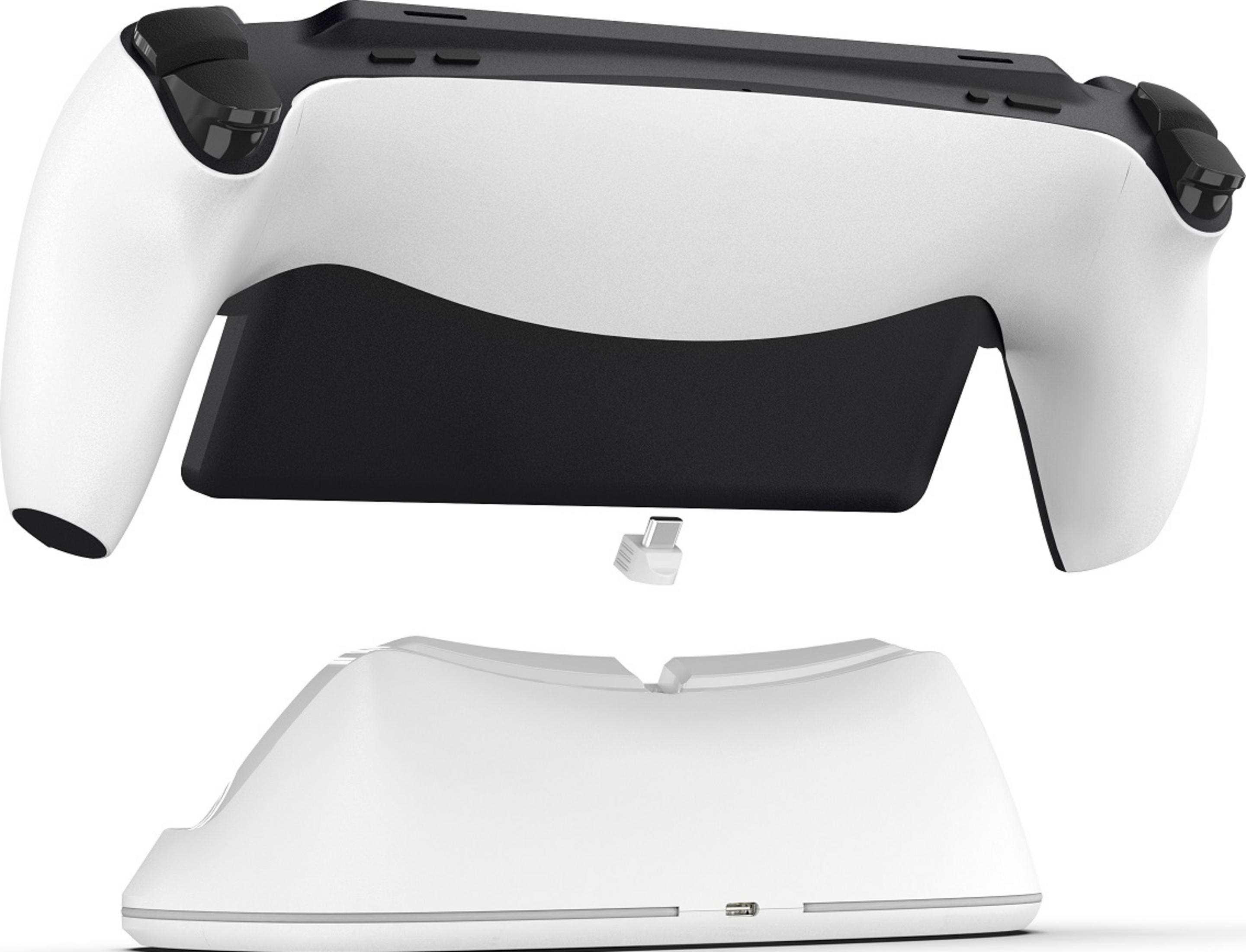 Un controller bianco e nero sopra una base di ricarica bianca con porta USB.