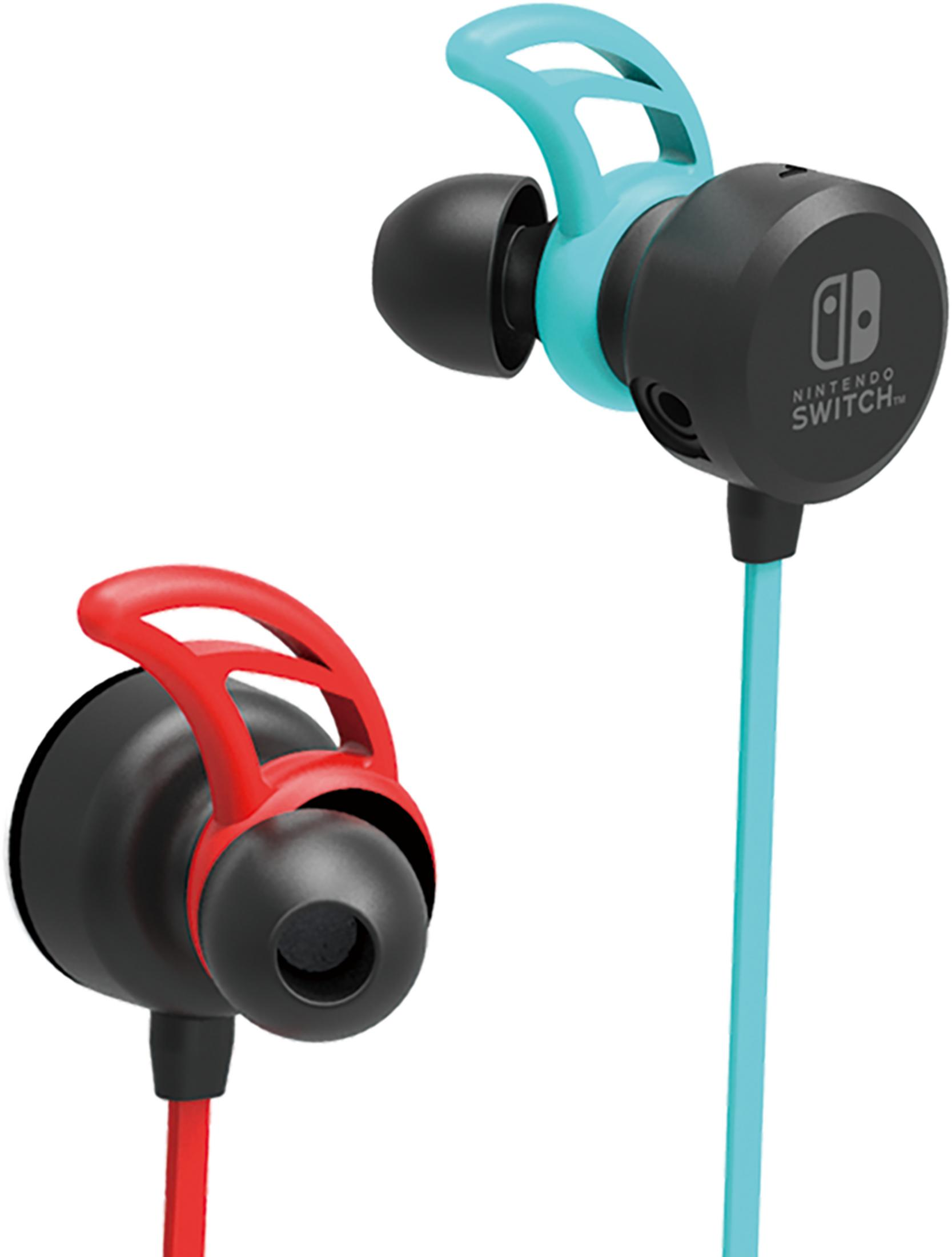 Black in-ear headphones with red and teal accents and Nintendo Switch logo.
