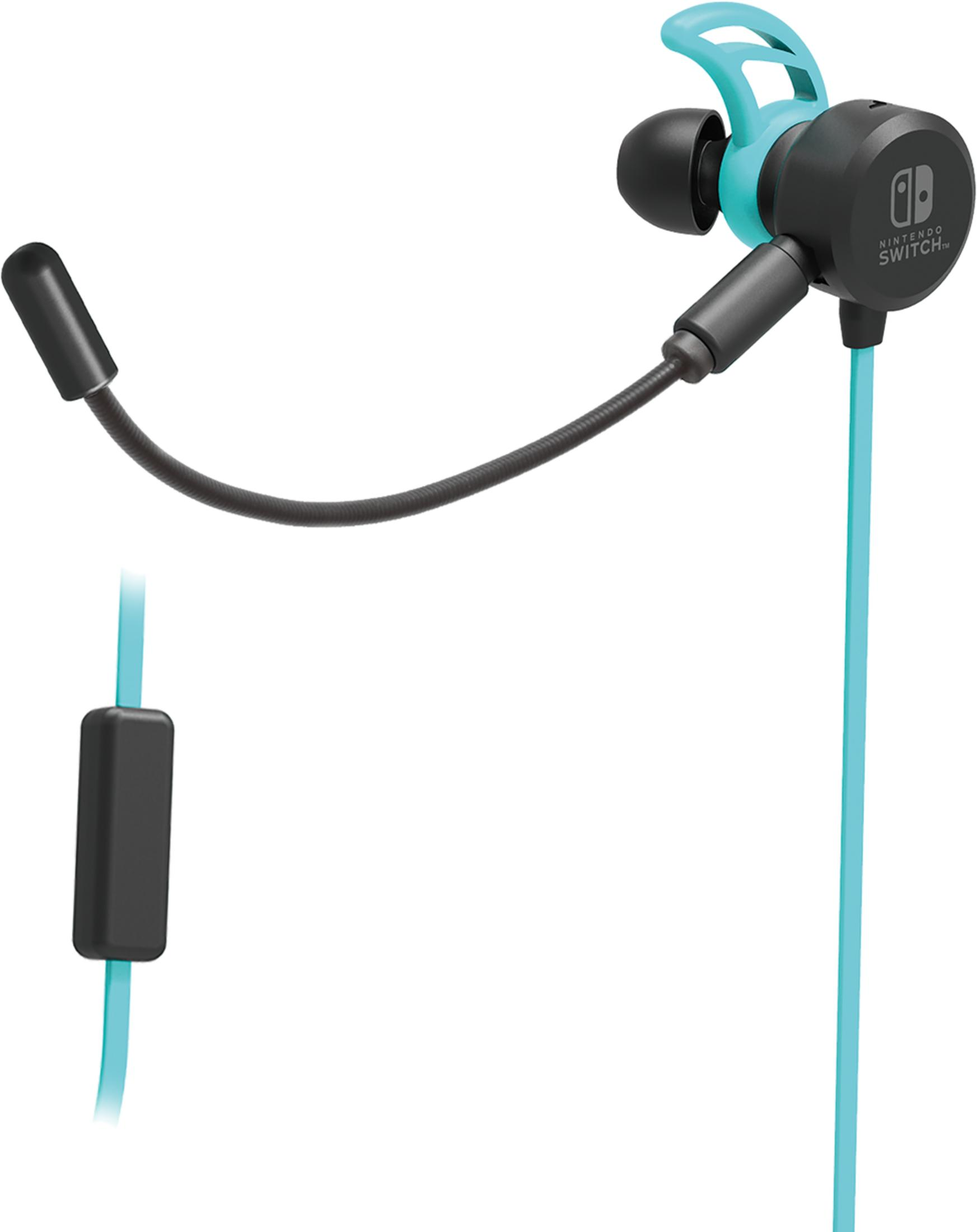 Nintendo Switch Gaming Earbuds with microphone, black and turquoise.