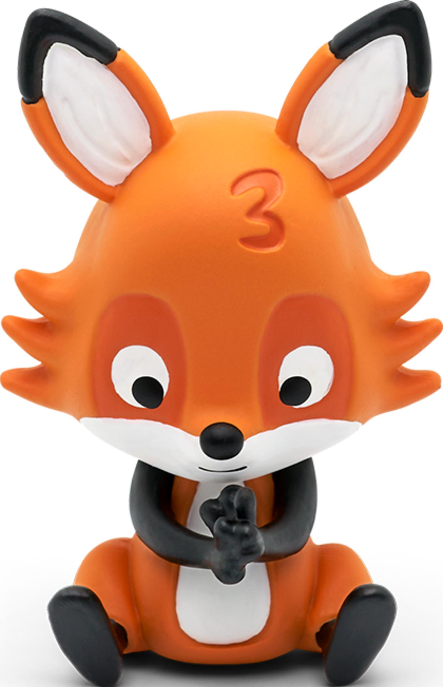 Orange Fuchs-Figur mit schwarzen Ohren, sitzt mit gefalteten Händen.