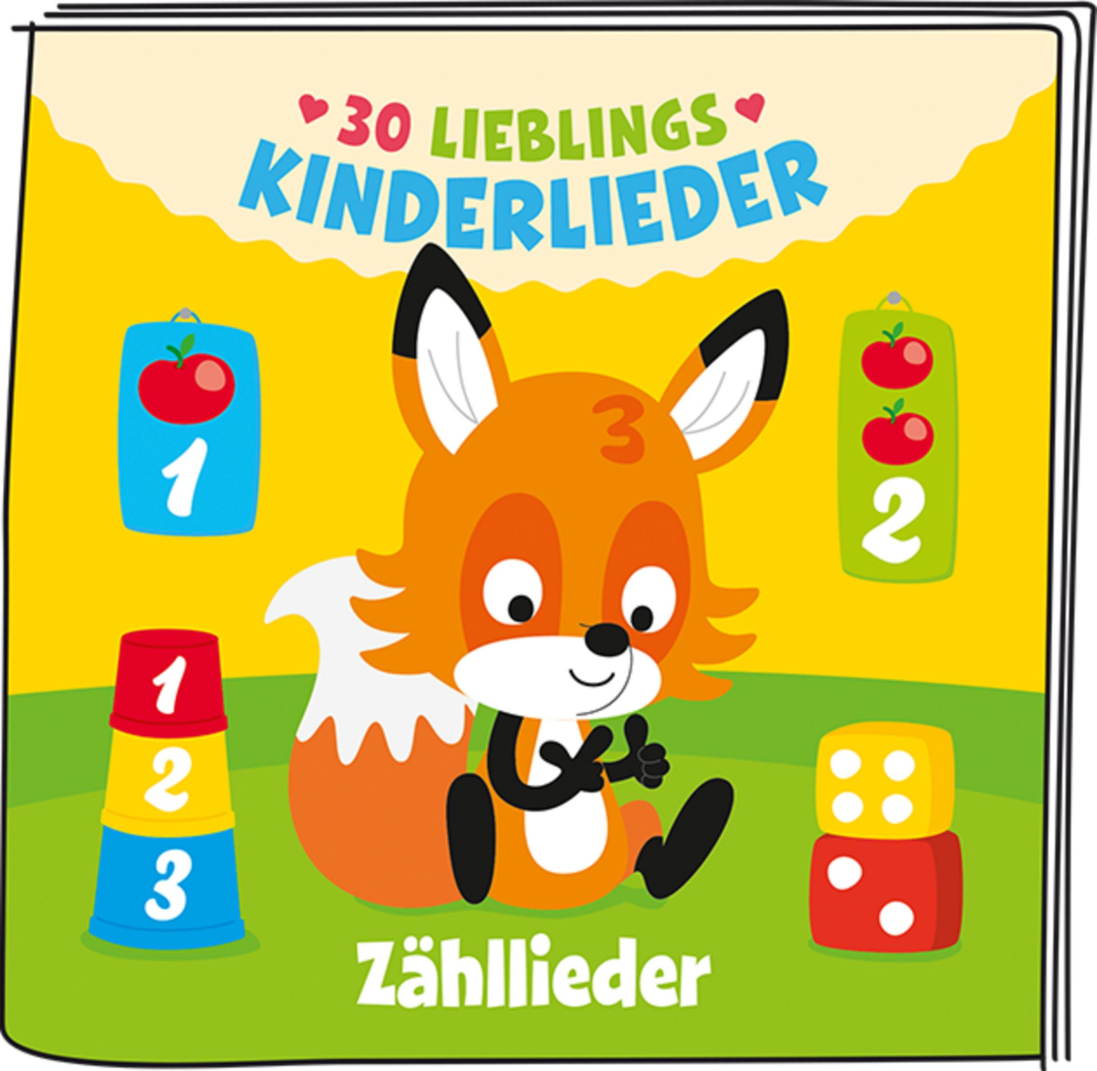 Ein Fuchs sitzt vor bunten Stapeln mit Zahlen und Würfeln. Text: 30 Lieblings Kinderlieder.
