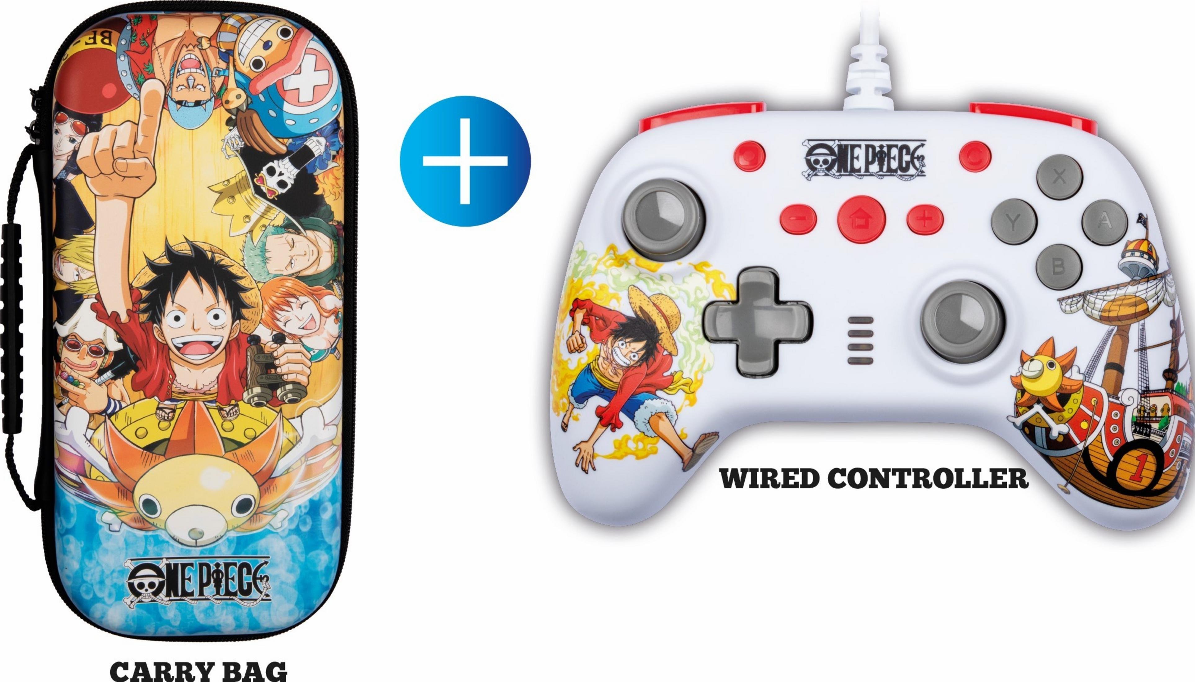 Torba i kontroler One Piece z postaciami i statkiem.
