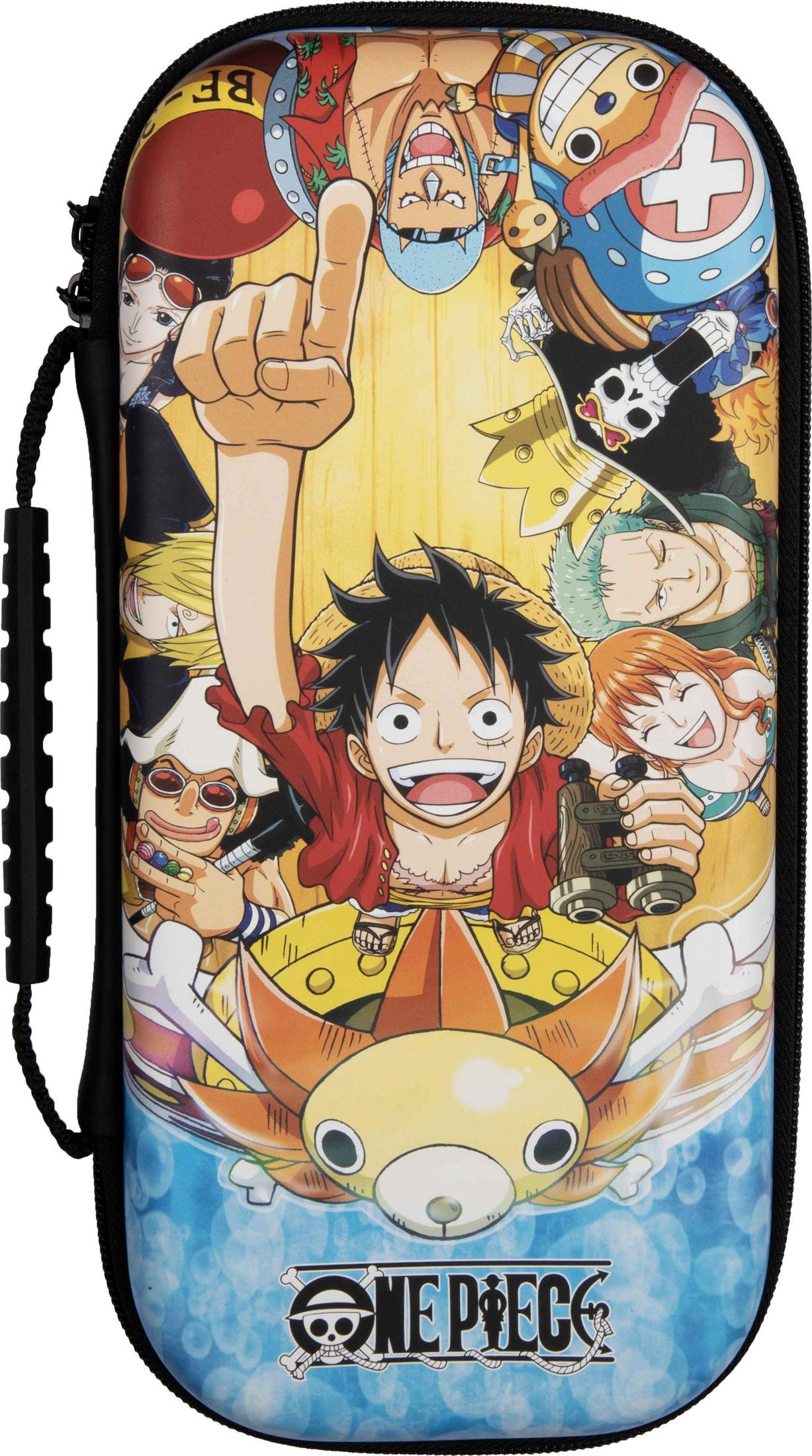 Kolorowa saszetka anime One Piece z Luffym i przyjaciółmi na niebieskim tle.