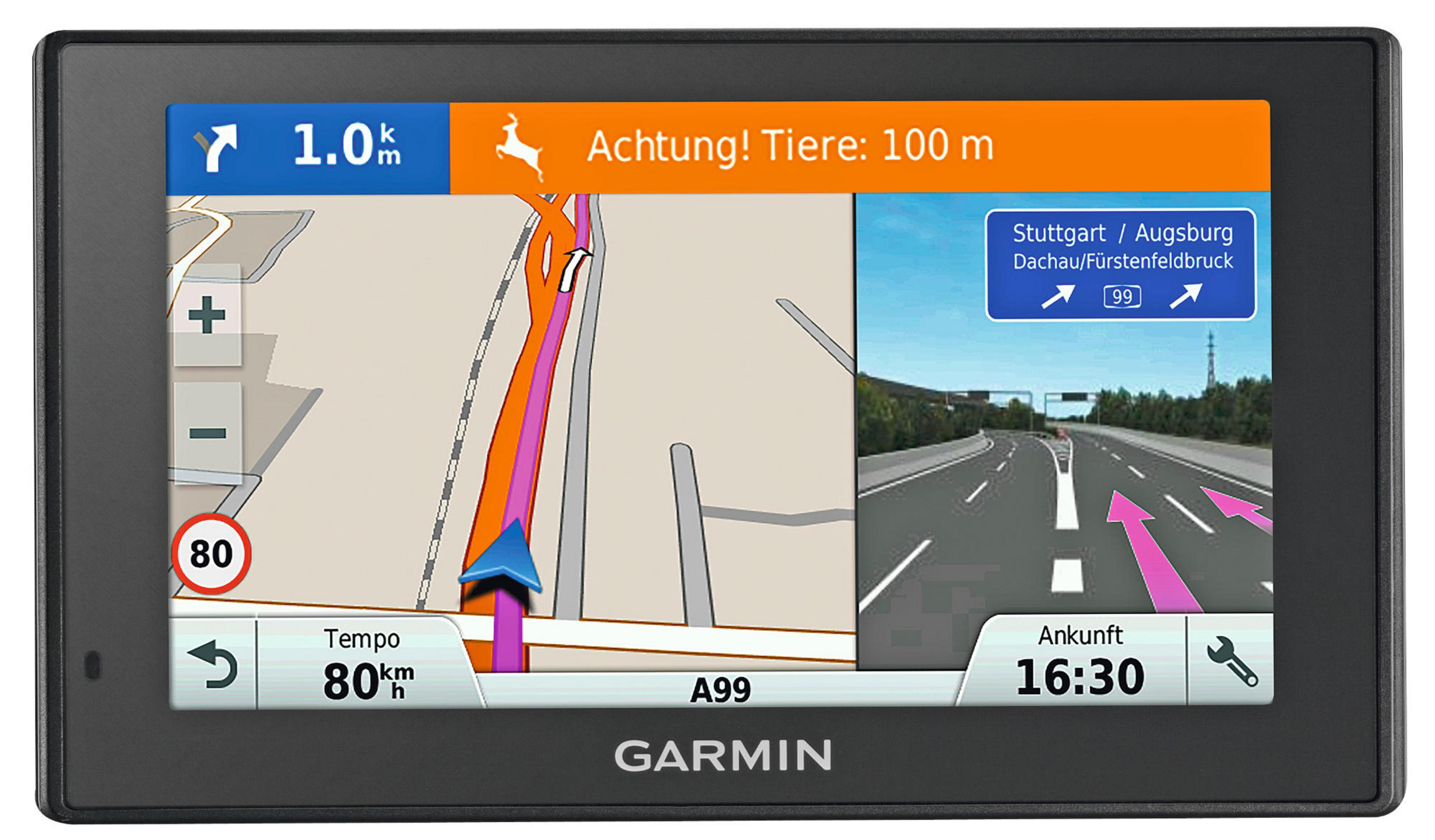 Navigationsgerät zeigt Karte, Autobahn & Warnung vor Tieren.