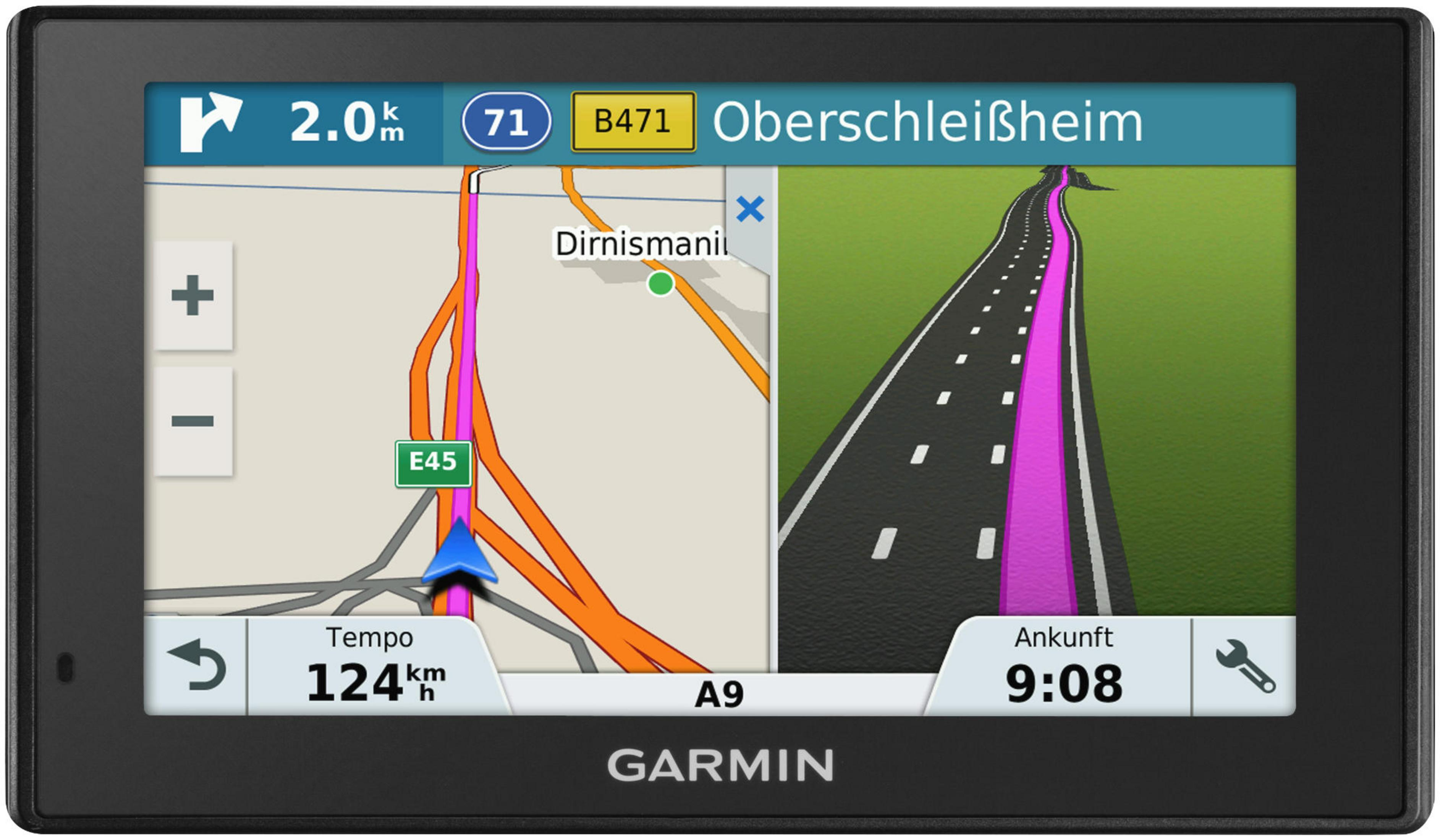 Dispositivo GPS mostra mappa e vista corsia con destinazione Oberschleißheim.