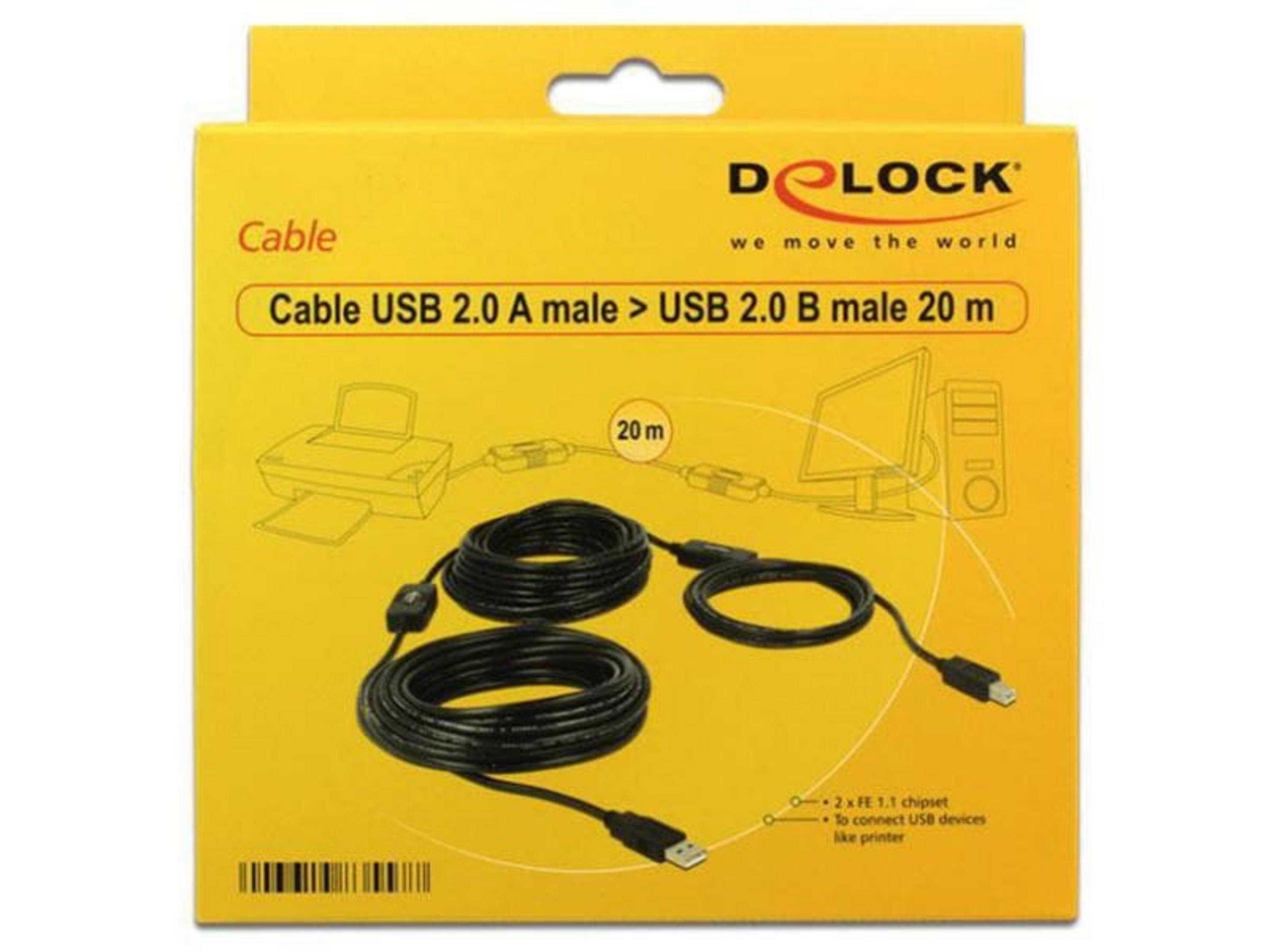 Verpackung für ein 20m USB 2.0 Kabel: A-Stecker zu B-Stecker.