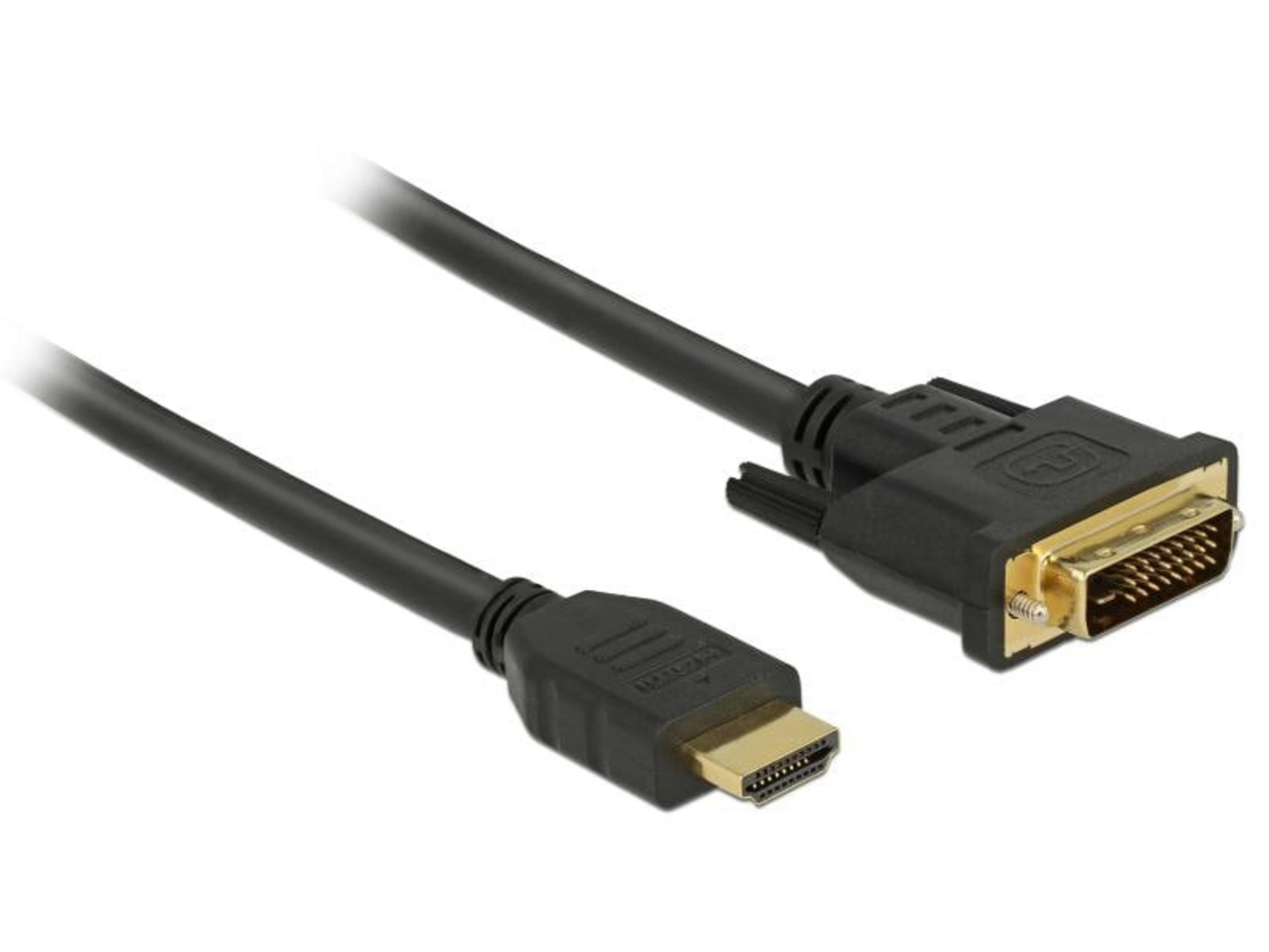 Een zwarte HDMI-kabel met een DVI-connector en een HDMI-connector.