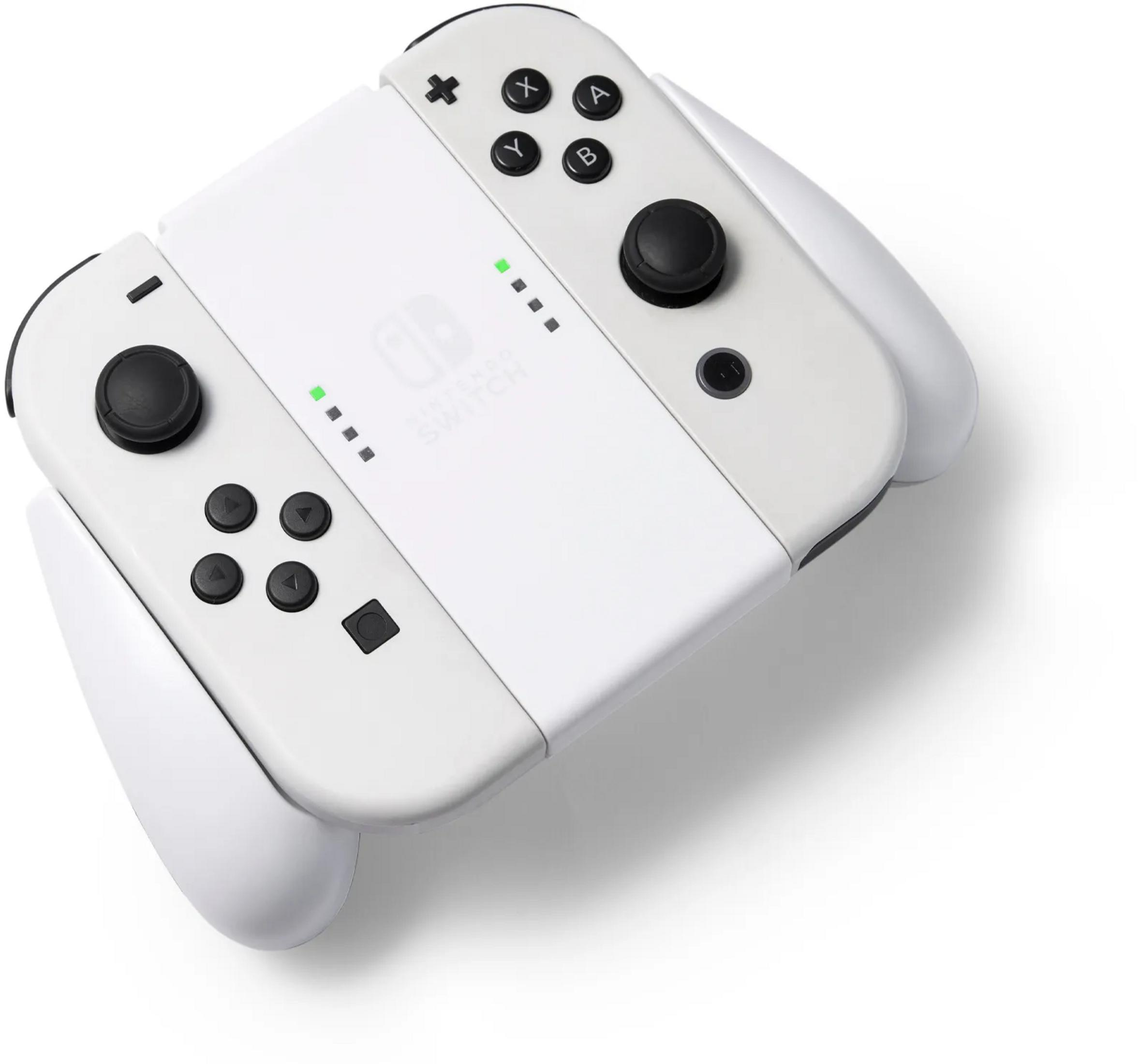 Un controller Joy-Con bianco Nintendo Switch con joystick e pulsanti neri.