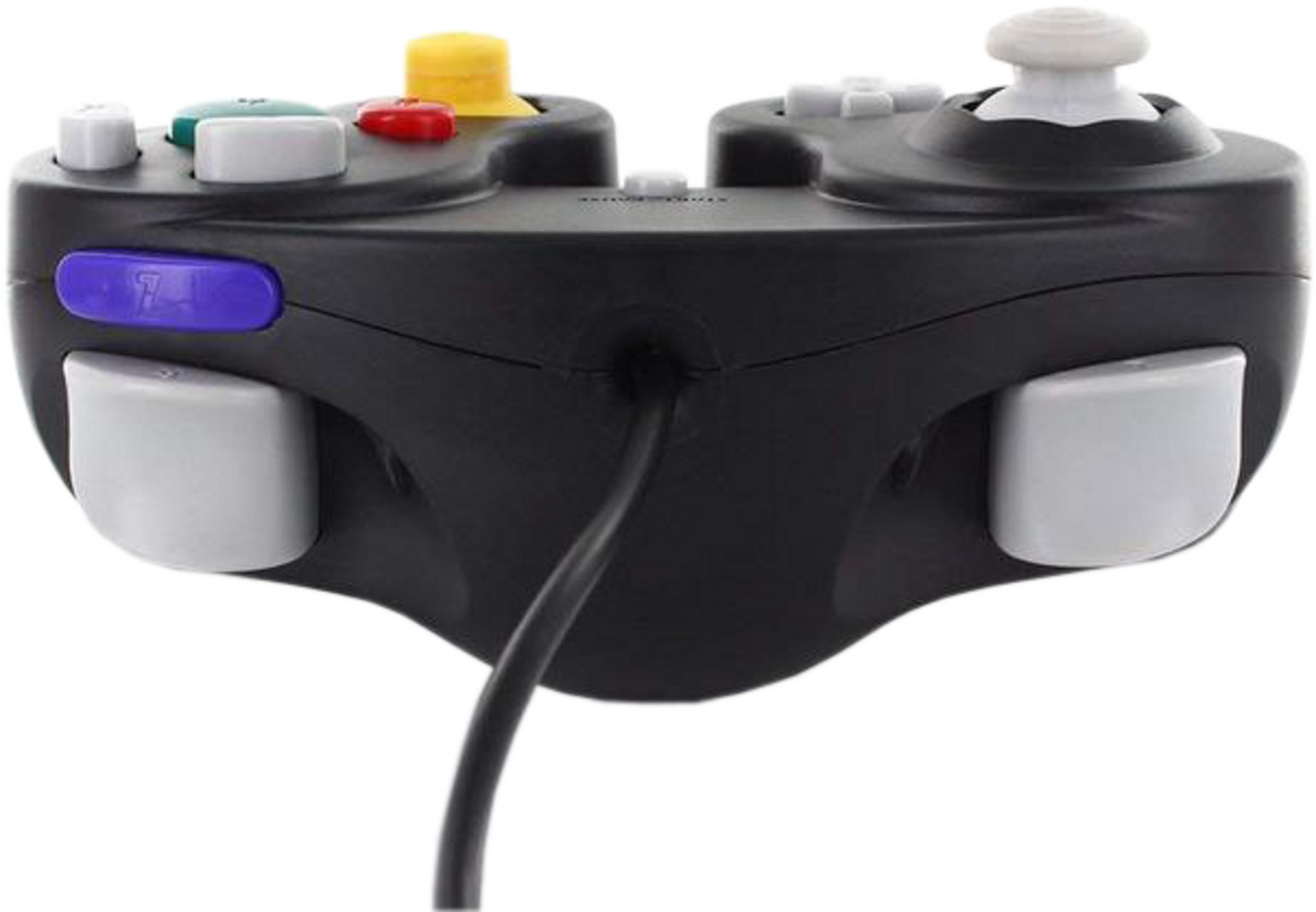 Czarny kontroler Gamecube z żółtymi, czerwonymi i niebieskimi przyciskami.