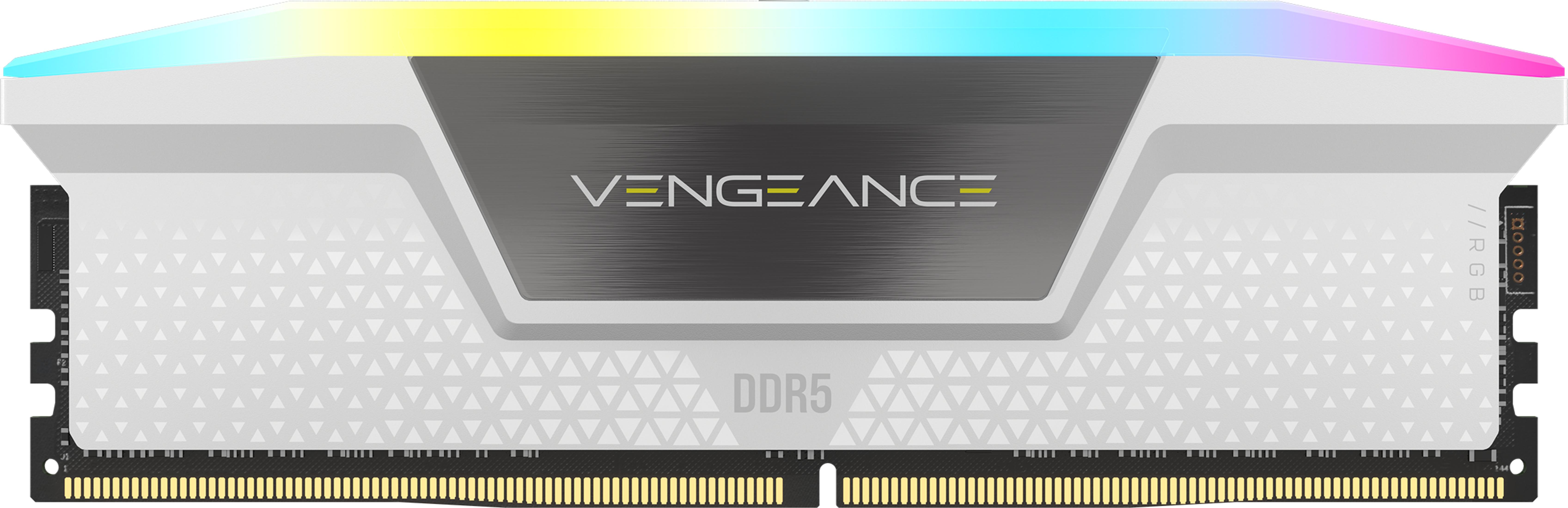 Biały moduł RAM DDR5 z logo Vengeance i oświetleniem RGB.