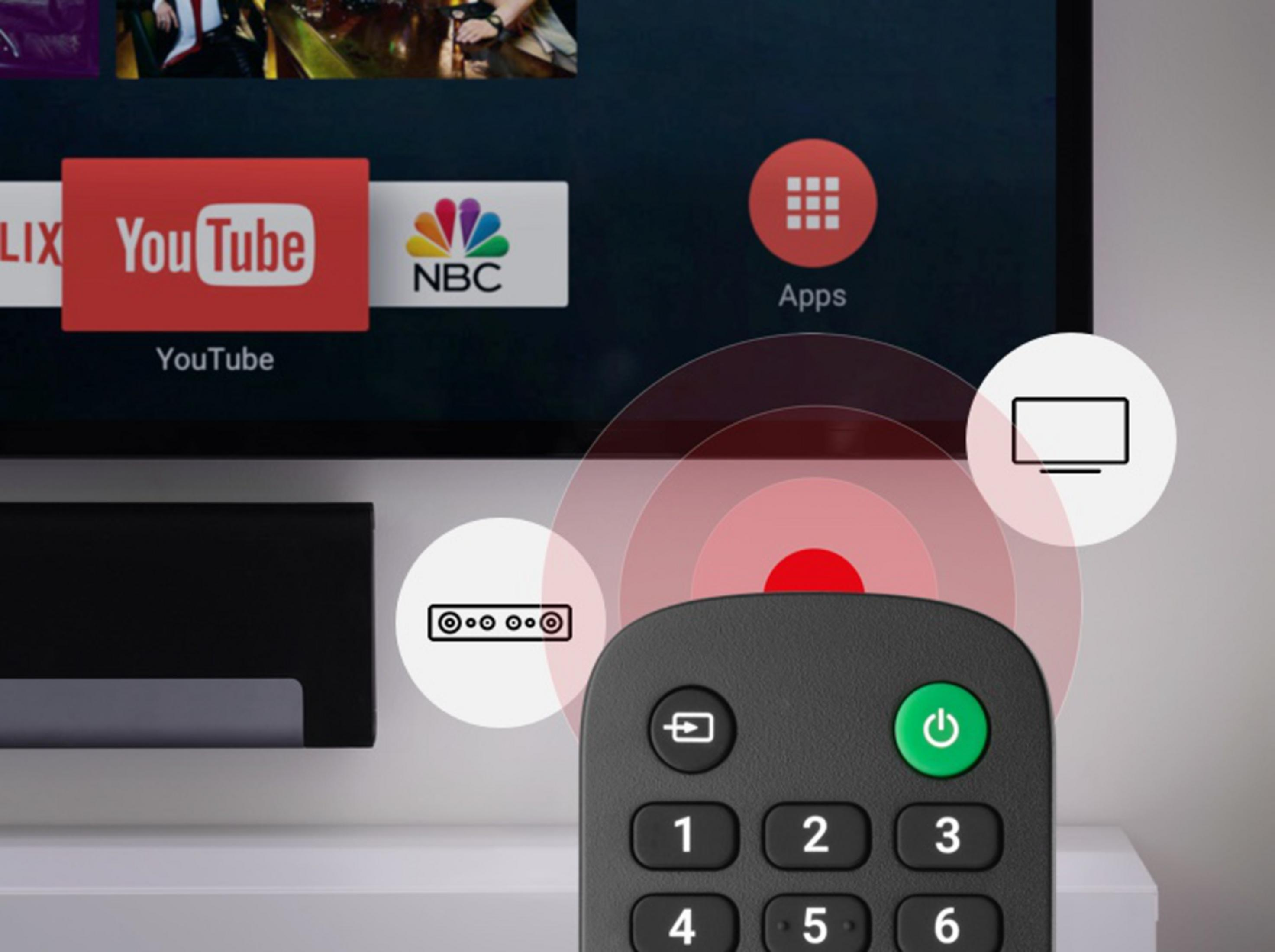 A remote control handle with a power button and number keys on a TV screen.