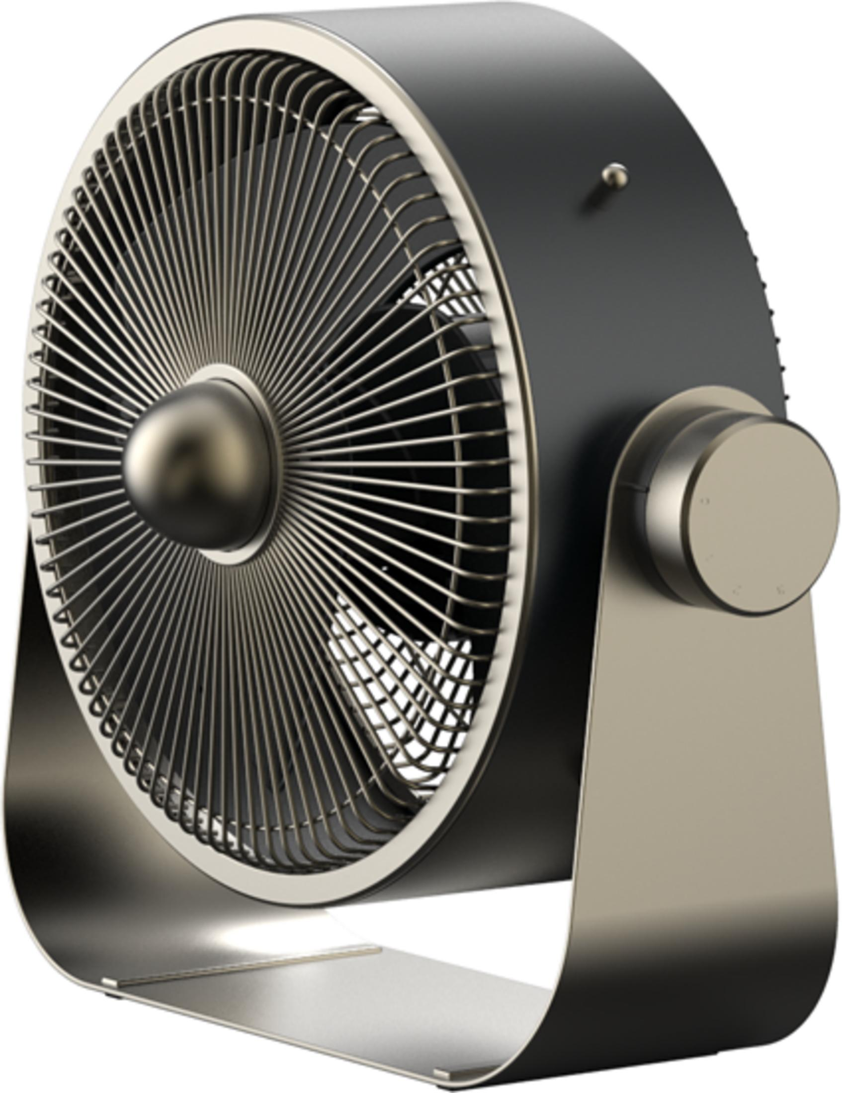 Ein moderner Tischventilator mit Metallgitter und dunklem Gehäuse.