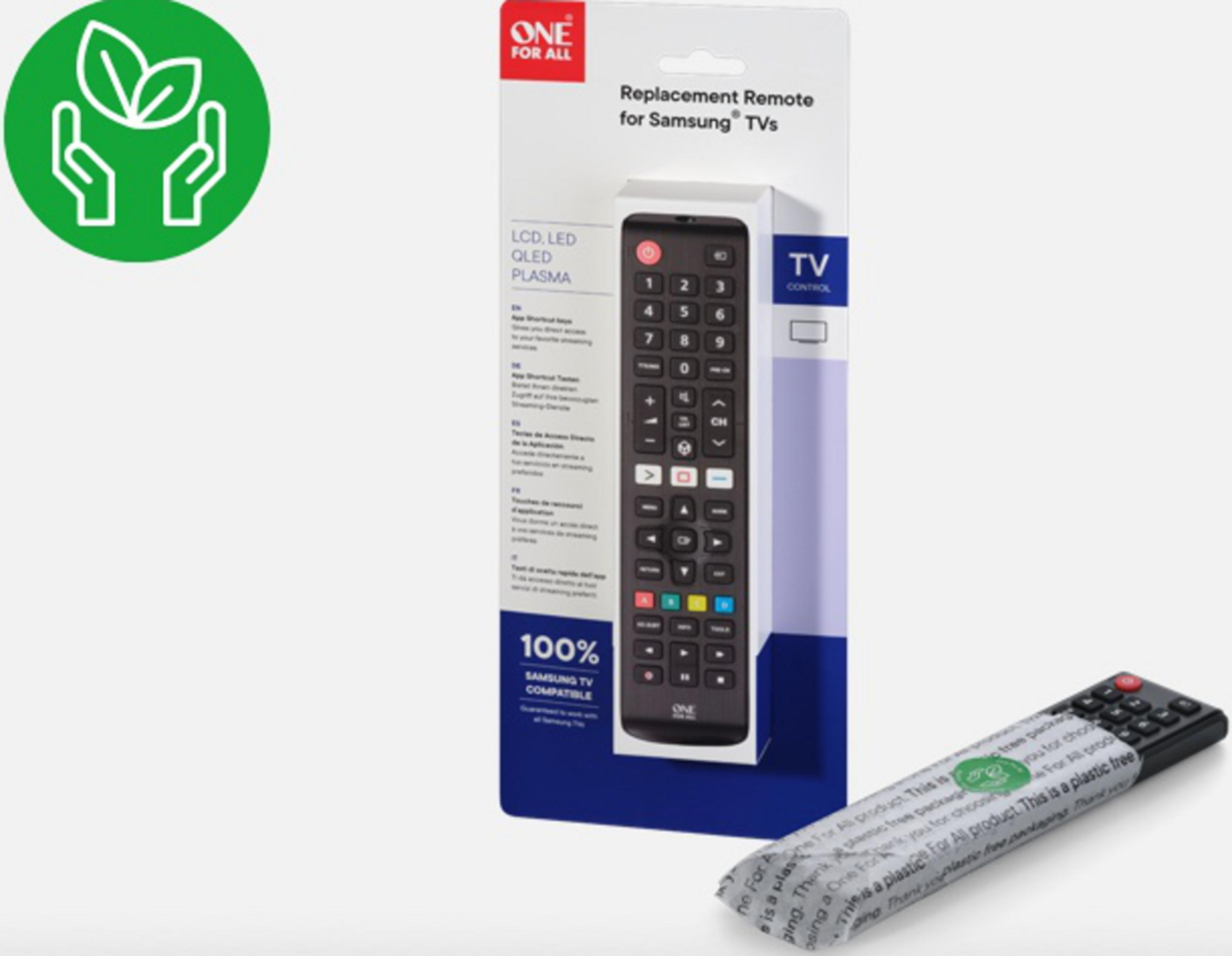 Embalaje con mando a distancia Samsung y logo ecológico.