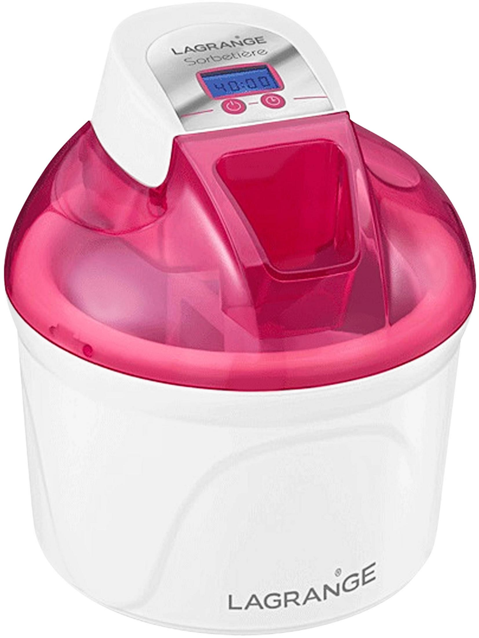 Biała maszynka do lodów z różową pokrywą i cyfrowym wyświetlaczem.