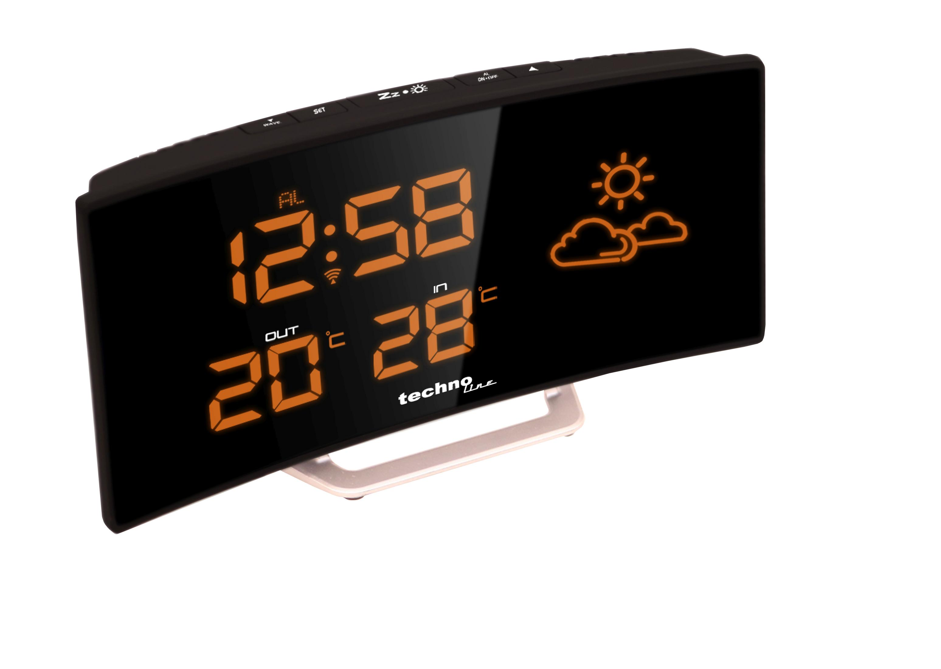 Orologio digitale con display arancione mostra 12:58, 20°C esterni, 28°C interni.