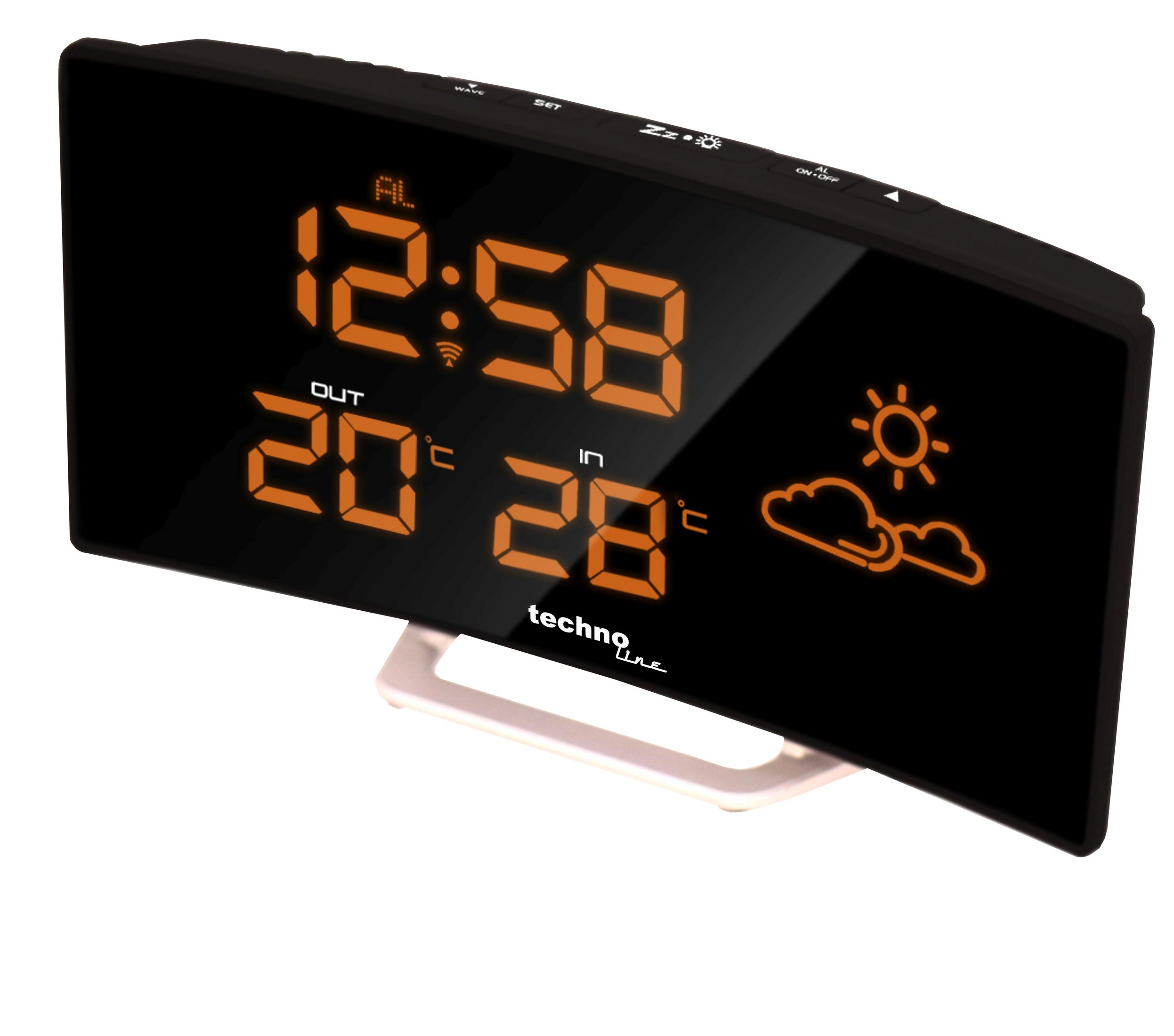 Sveglia digitale mostra 12:58, 20°C esterno, 28°C interno e icona meteo soleggiato.