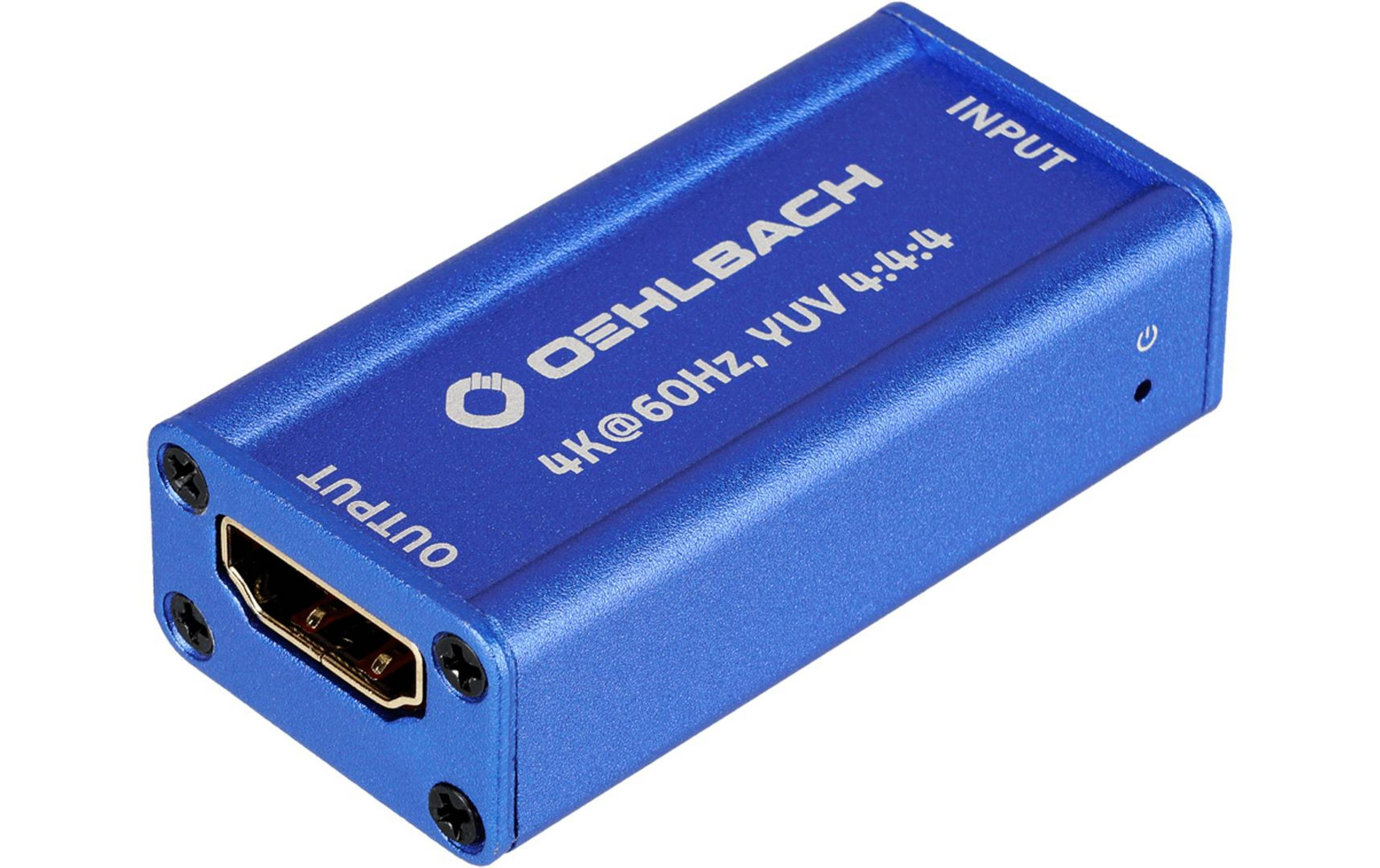 Niebieski konwerter Oehlbach z portami HDMI i oznaczeniem 4K@60Hz.