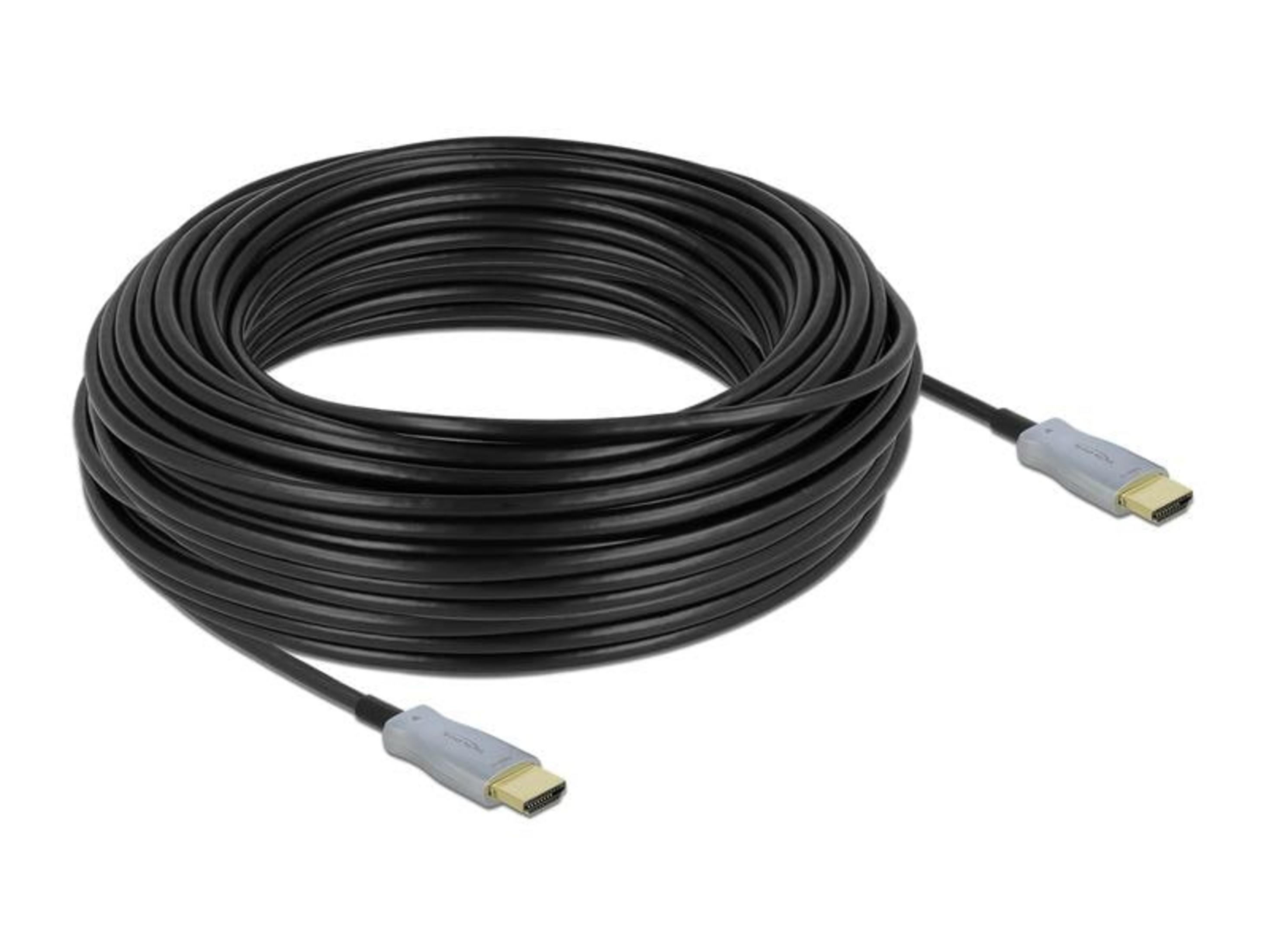 Schwarzes HDMI-Kabel, aufgerollt, mit goldenen Anschlüssen und grauen Steckern.