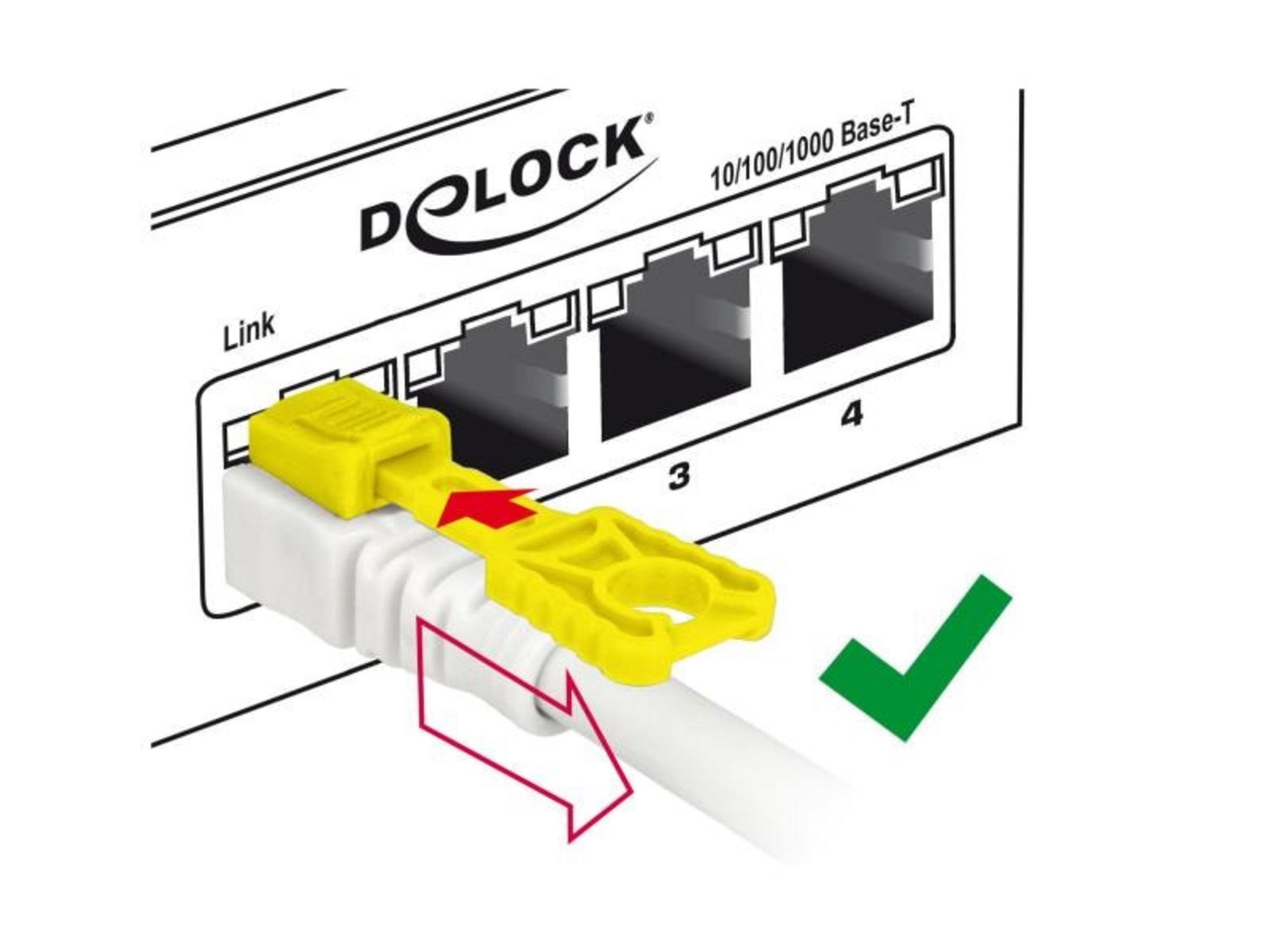 Una clip gialla fissa un cavo di rete a un dispositivo Dolock con porte.
