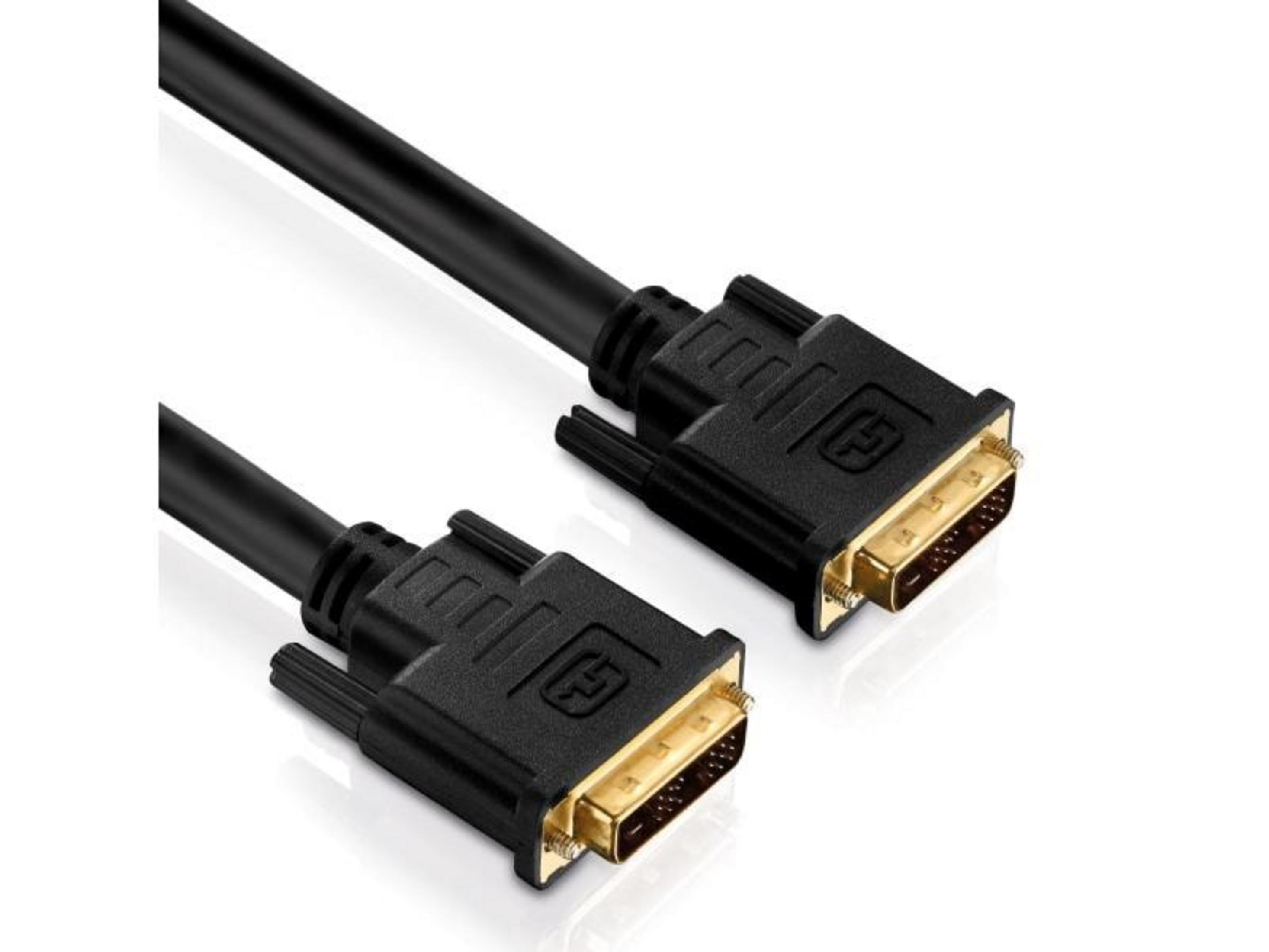 Ein schwarzes DVI-Kabel mit goldenen Anschlüssen auf weißem Hintergrund.
