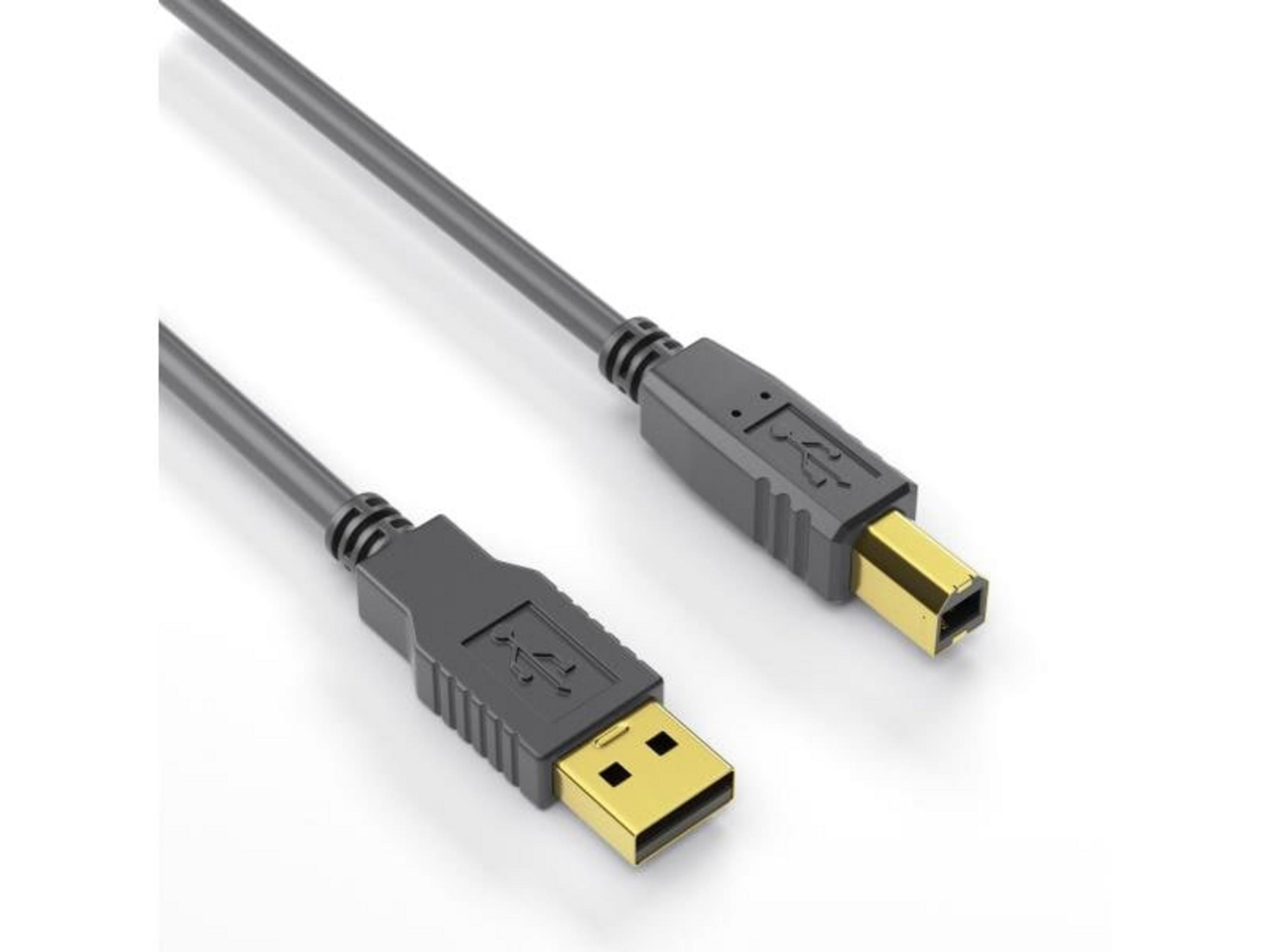 Un cavo USB grigio con connettori dorati, isolato su sfondo bianco.