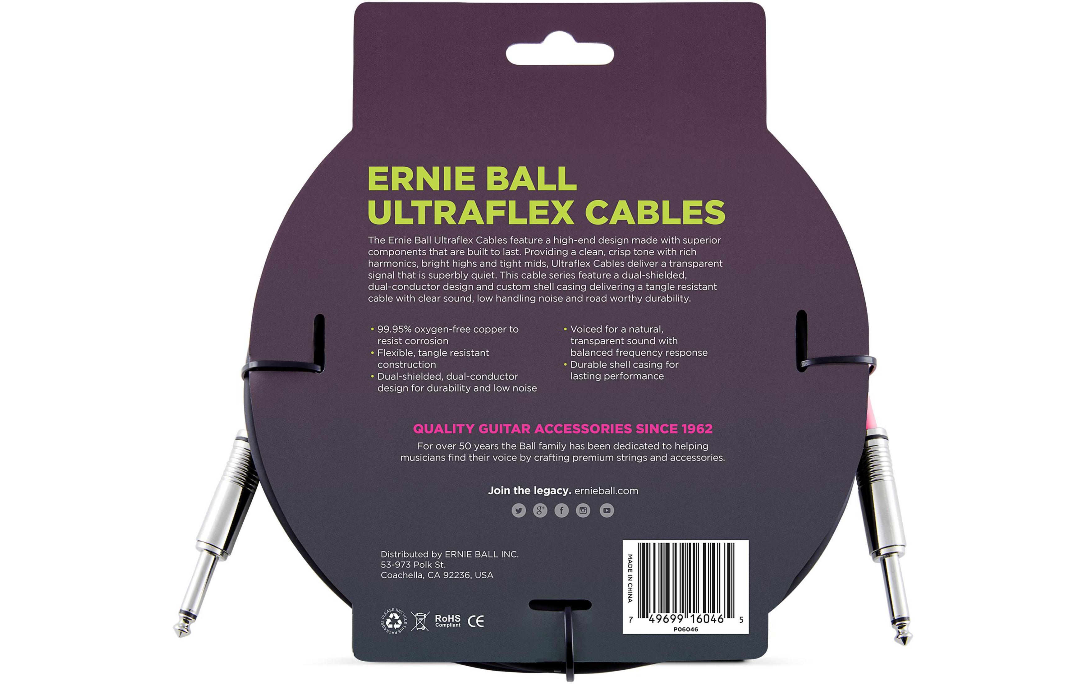 Ernie Ball Ultraflex Kabelverpackung mit silbernen Steckern und pinkem Kabel