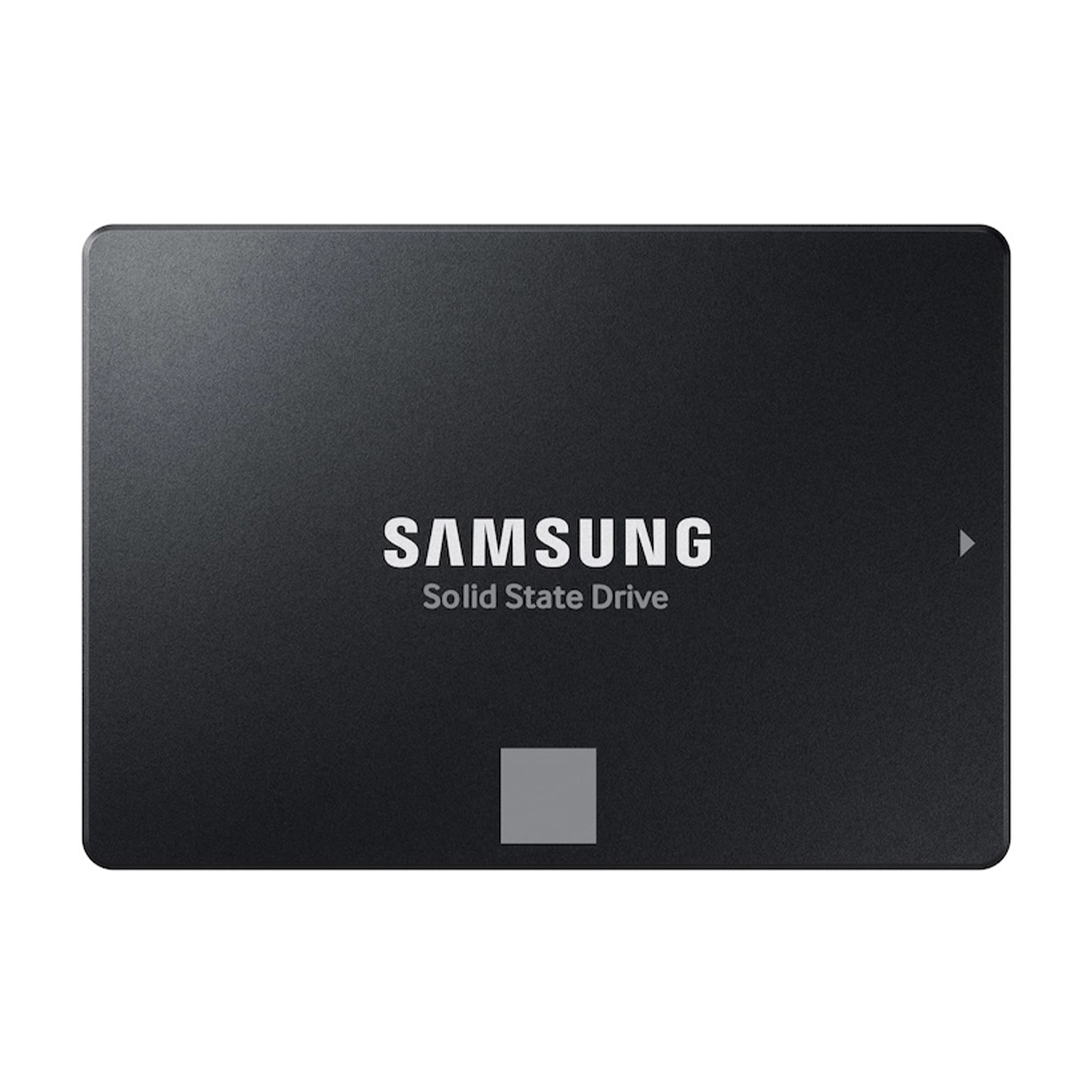 Czarny dysk SSD Samsung ze srebrnym logo i małym szarym kwadratem.
