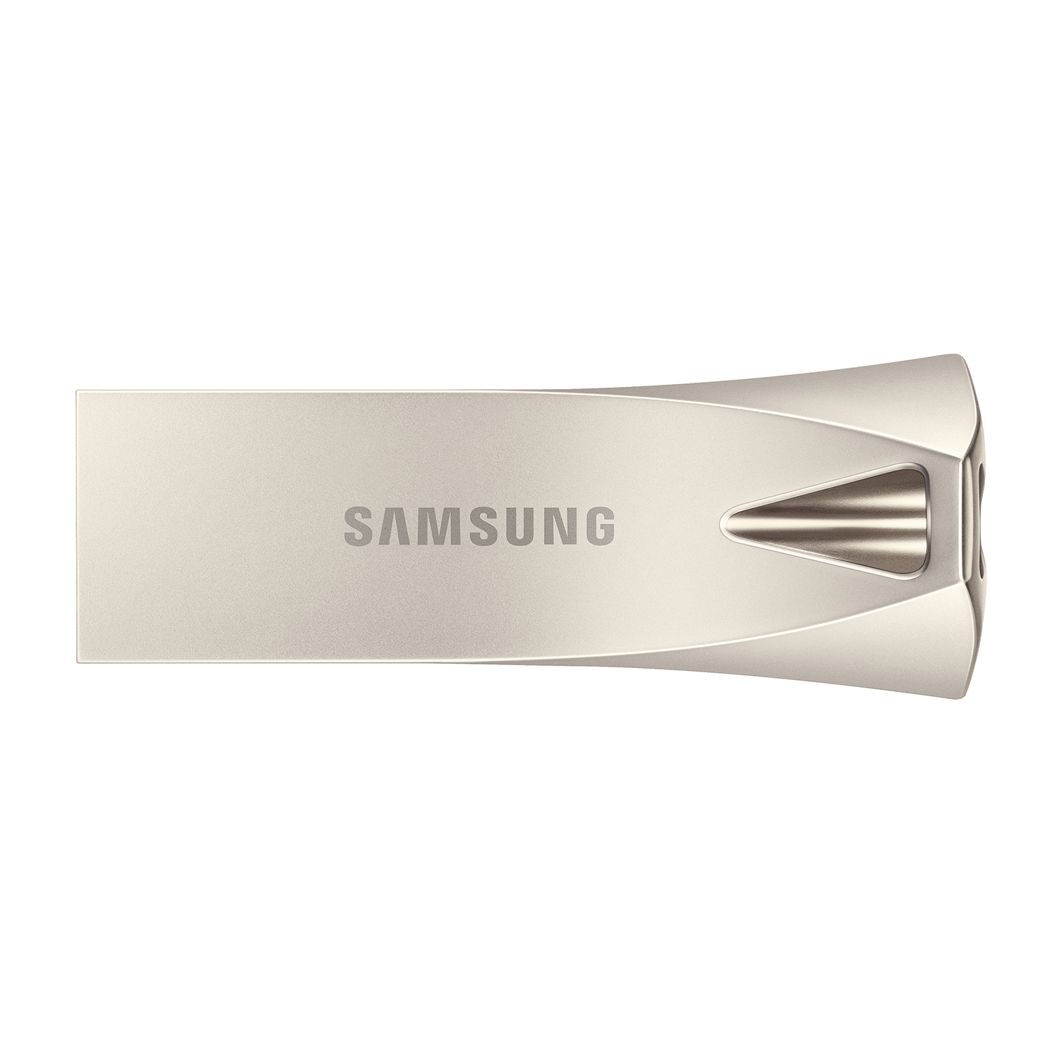 Srebrny pendrive Samsung z zakrzywionym końcem i rowkami.