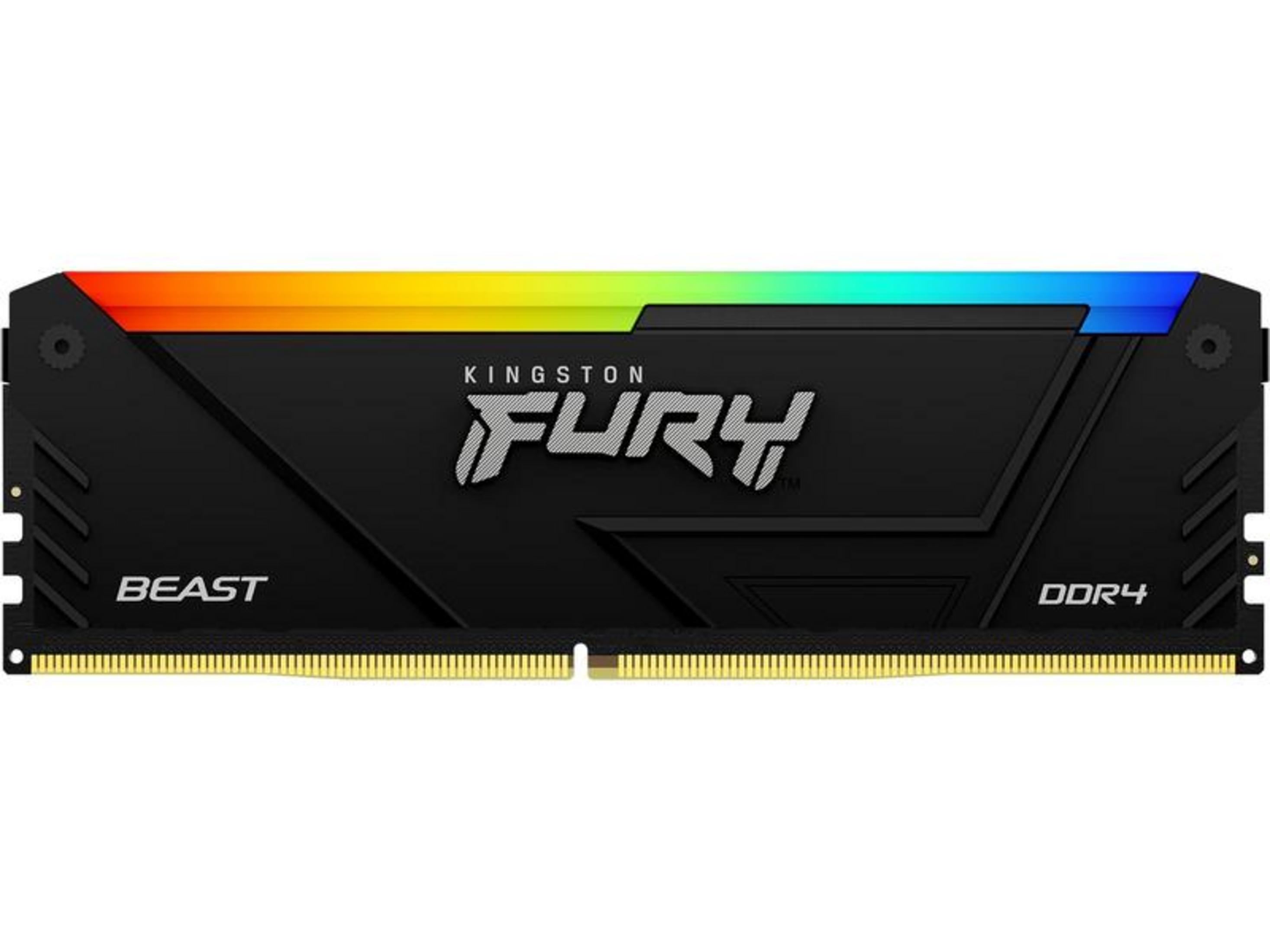 Czarny moduł RAM z oświetleniem RGB, oznaczony "Kingston Fury Beast DDR4".