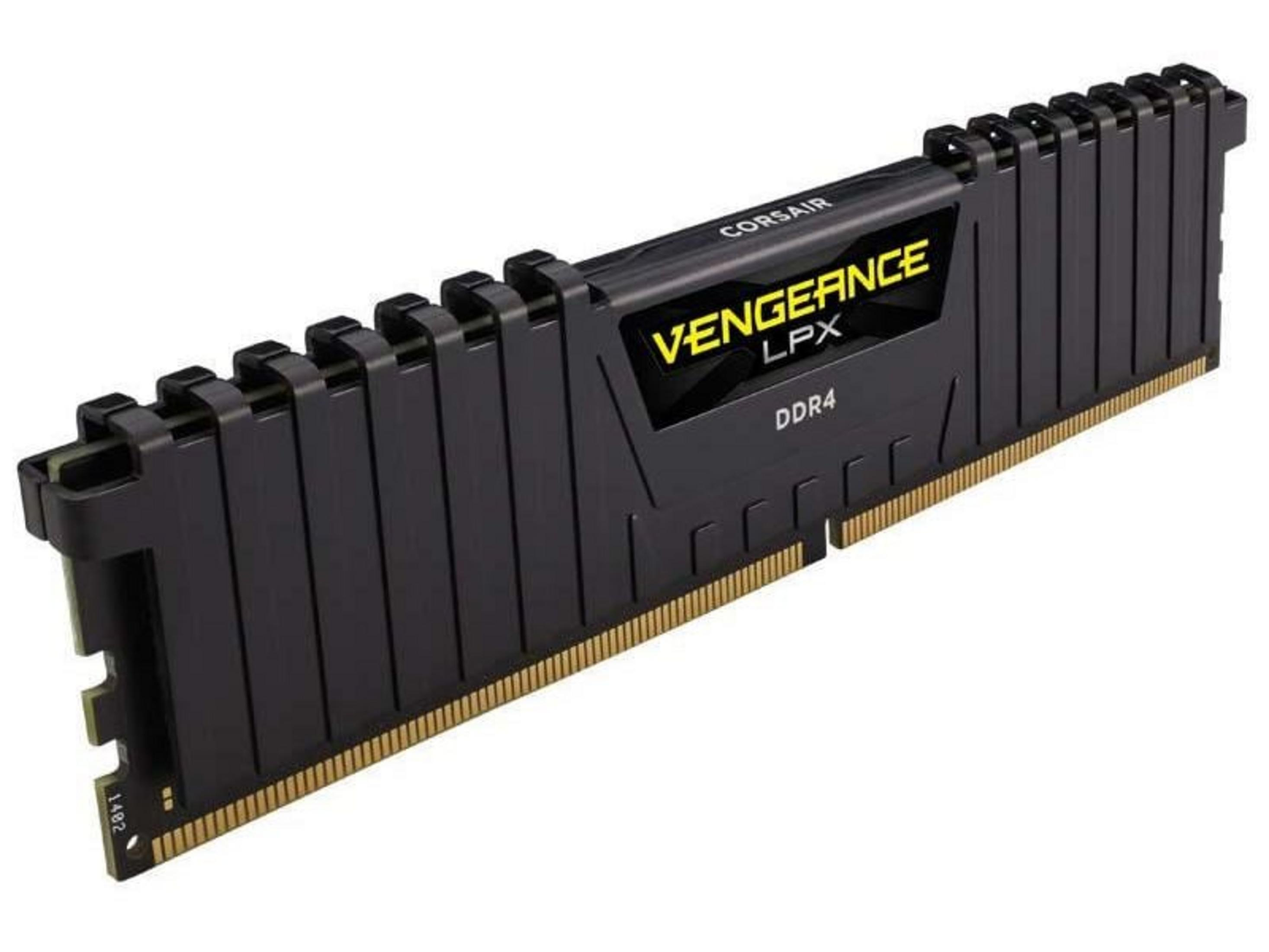 Zwarte Corsair Vengeance LPX DDR4 RAM-module met gouden contacten.