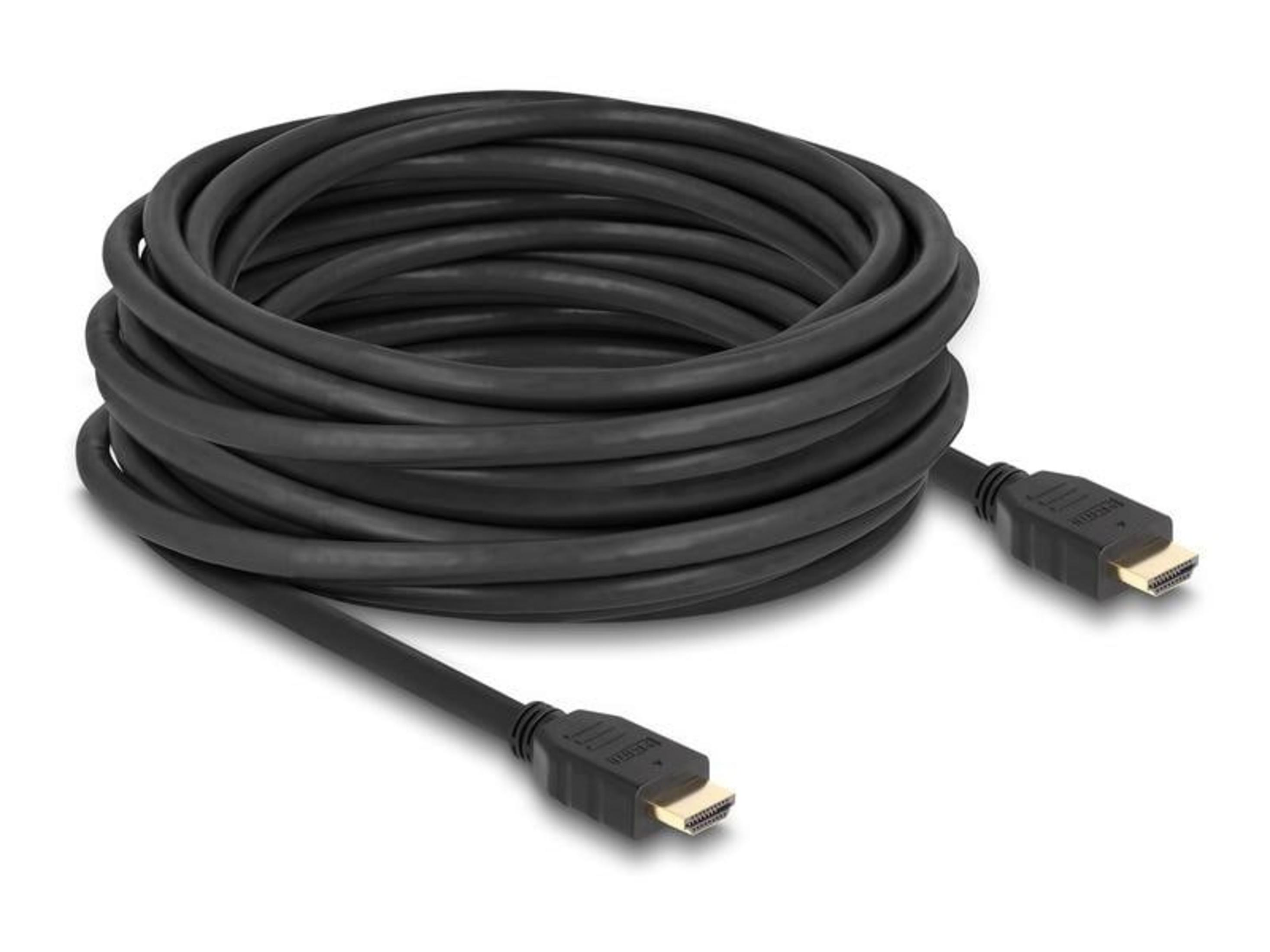 Schwarzes HDMI-Kabel mit vergoldeten Anschlüssen, aufgerollt auf weißem Hintergrund.
