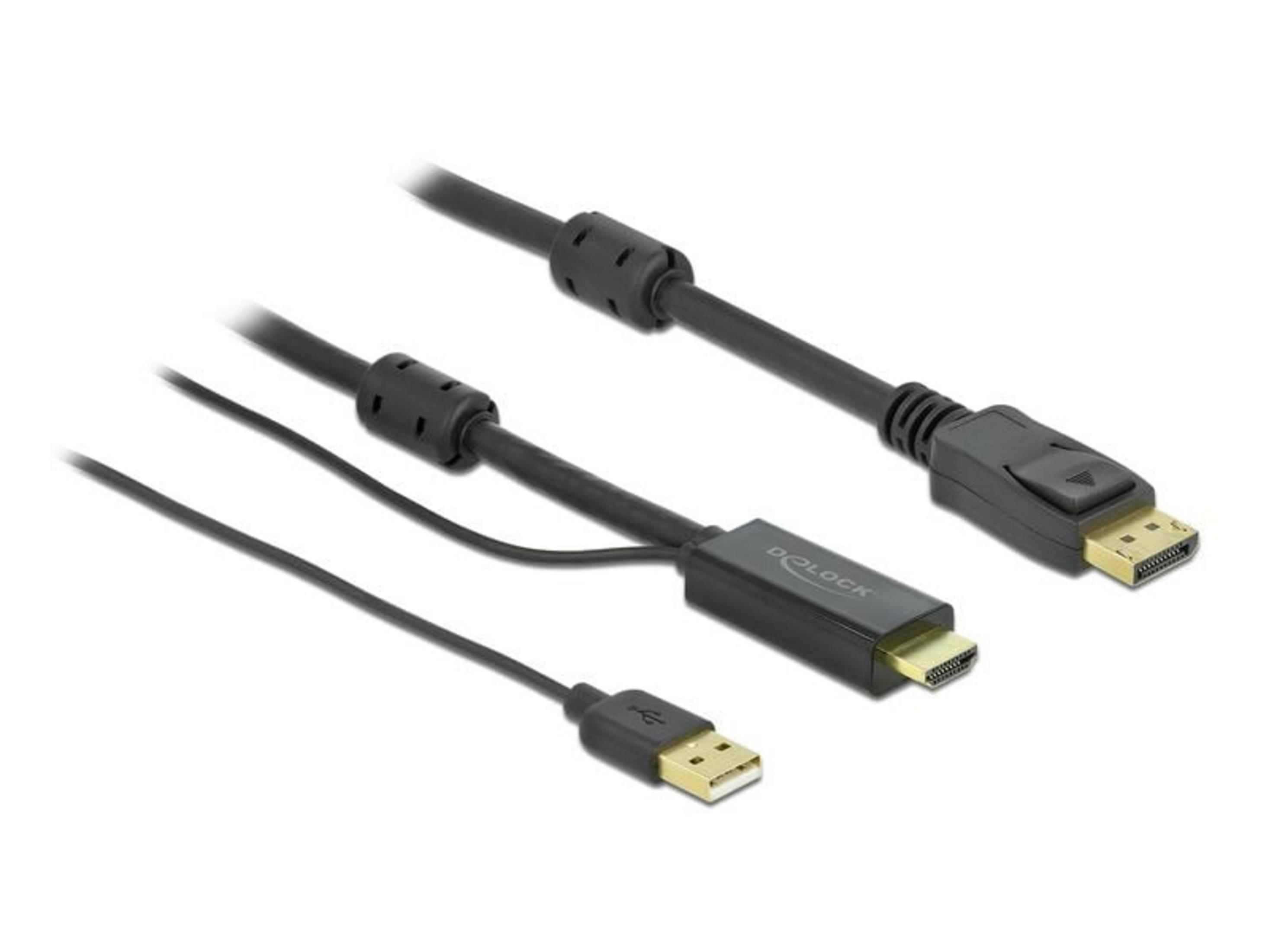 Drei schwarze Kabel mit HDMI-, USB- und DisplayPort-Anschlüssen auf weißem Hintergrund.