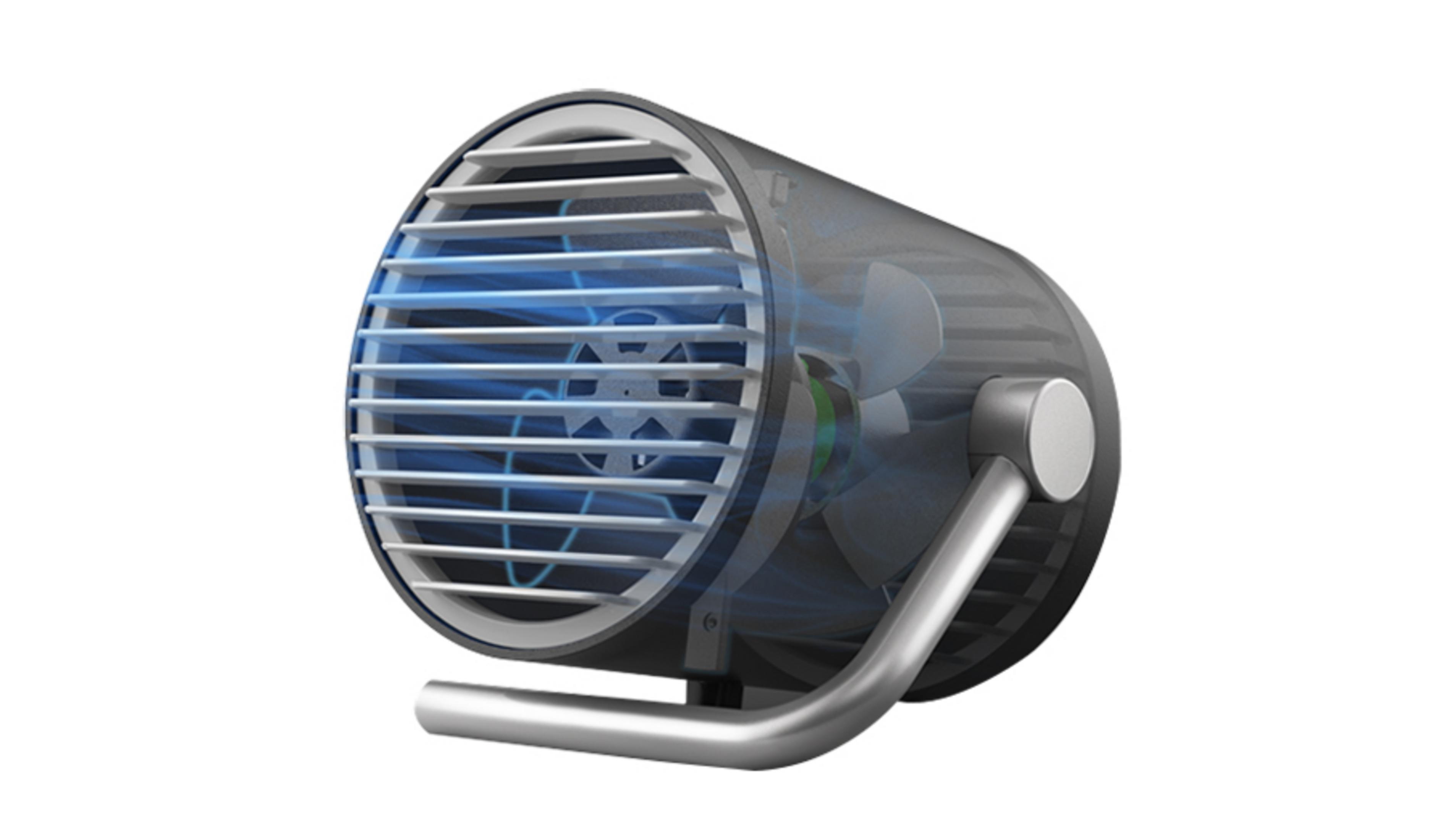 Un petit ventilateur portable avec une poignée argentée et des lignes de flux d'air bleues.