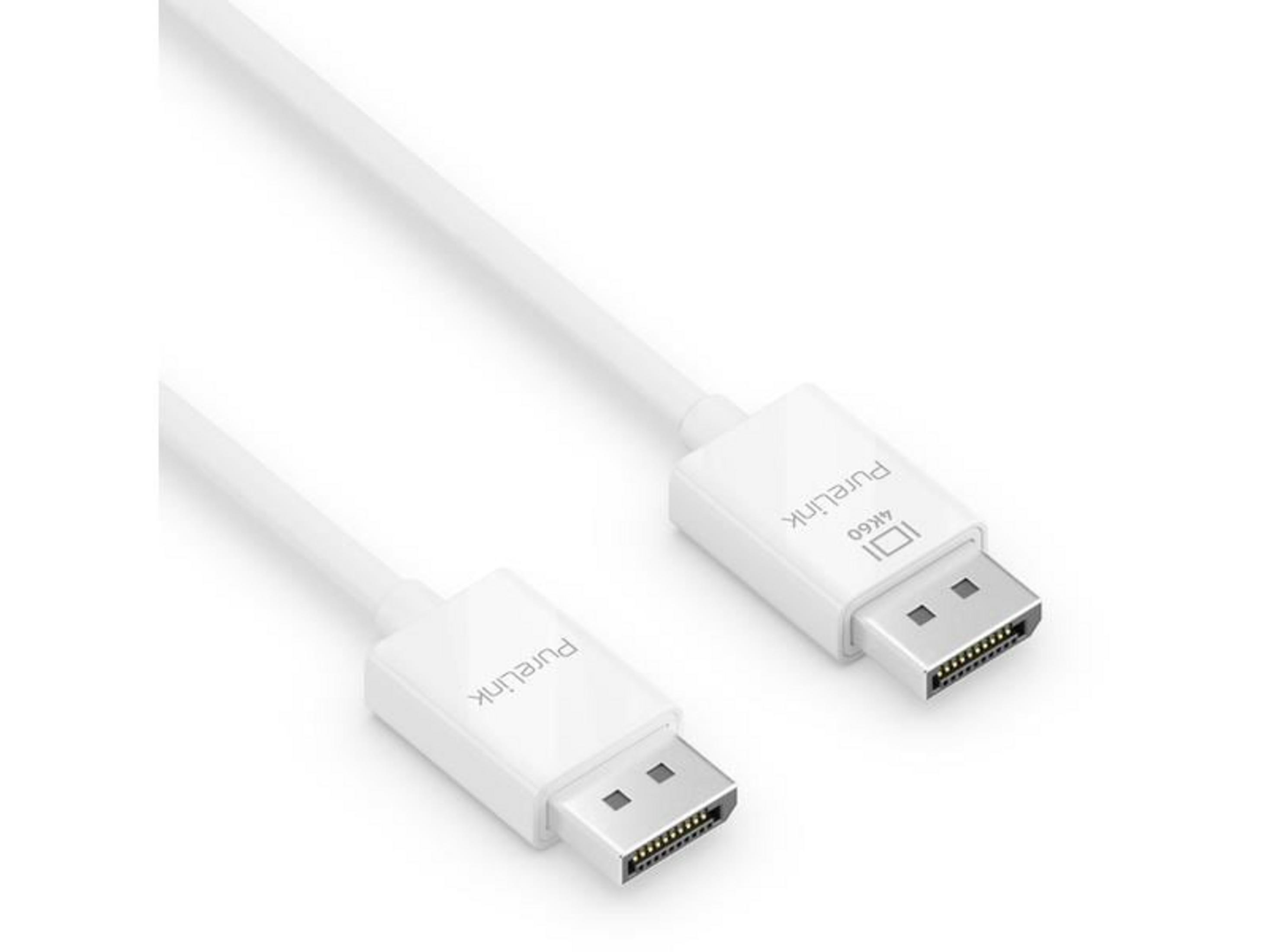 Ein weißes DisplayPort-Kabel mit zwei Steckern, das 4K60 unterstützt.