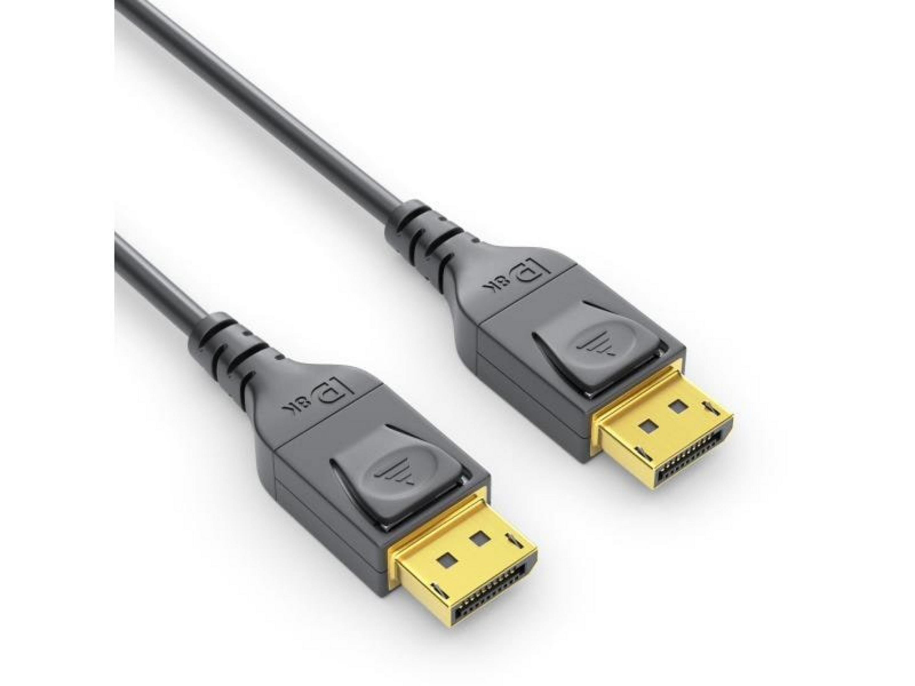 Un cavo DisplayPort nero con connettori dorati su sfondo bianco.