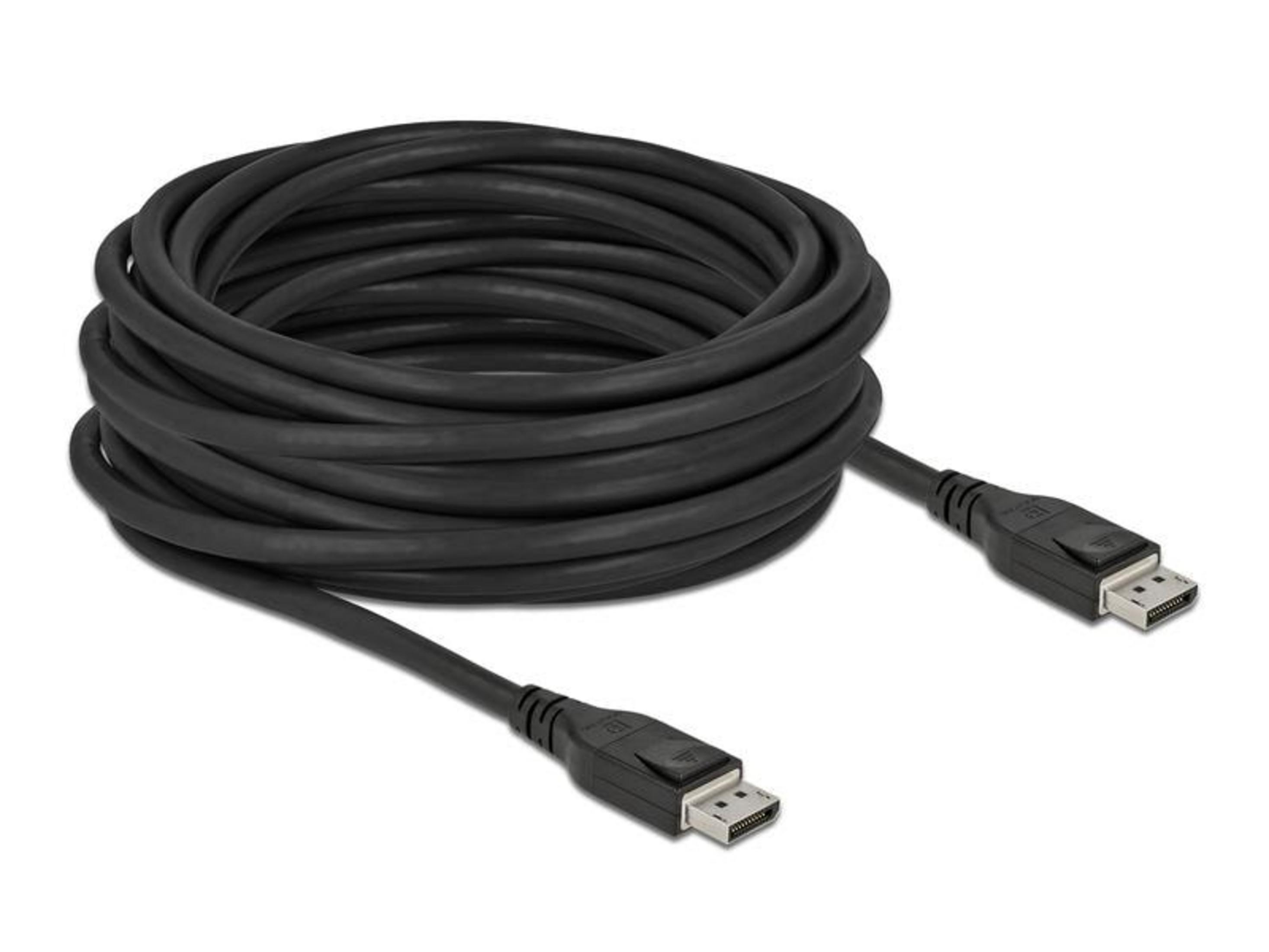 Schwarzes DisplayPort-Kabel, aufgerollt, mit zwei Steckern.