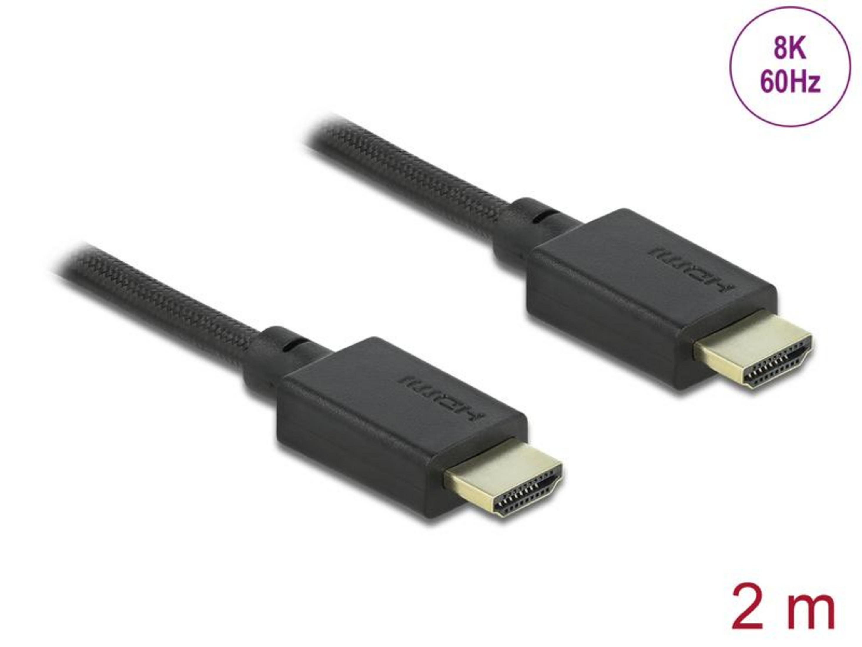 Ein schwarzes HDMI-Kabel mit 2m Länge und 8K 60Hz Unterstützung.