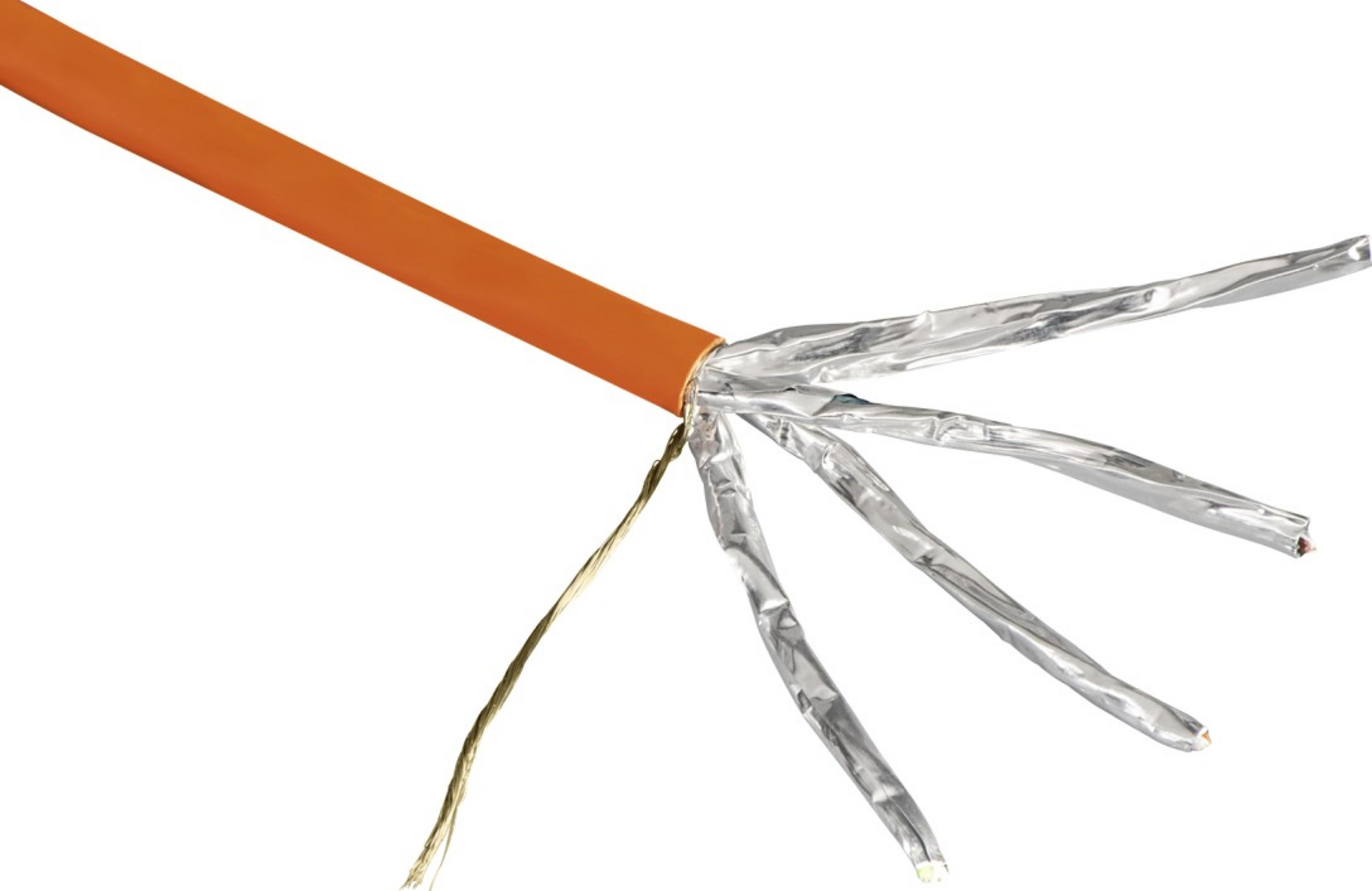 Pomarańczowy kabel z odsłoniętymi srebrnymi przewodami foliowymi i jednym drutem.