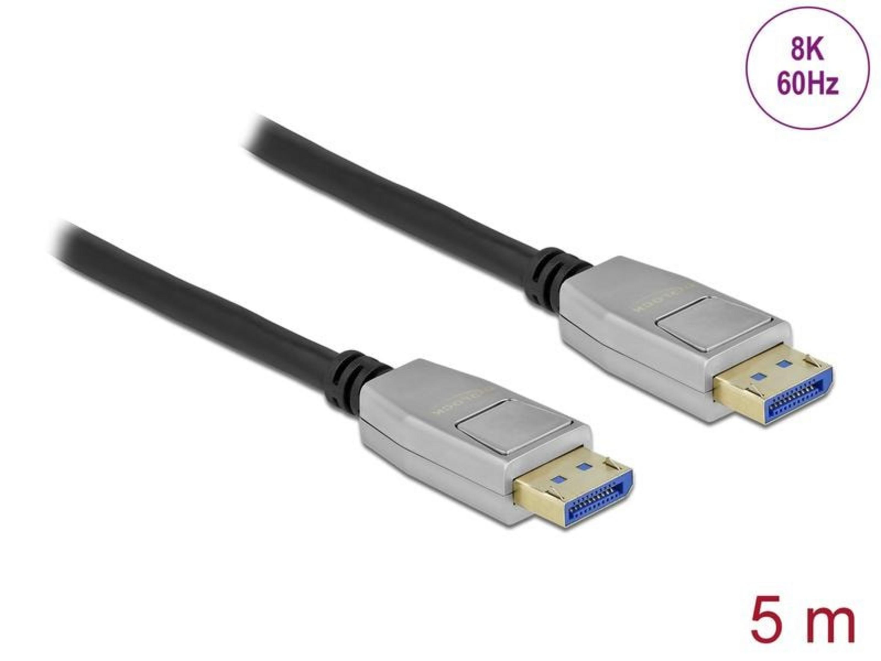 Ein schwarzes Kabel mit zwei silbernen Steckern, 8K 60Hz, 5m.
